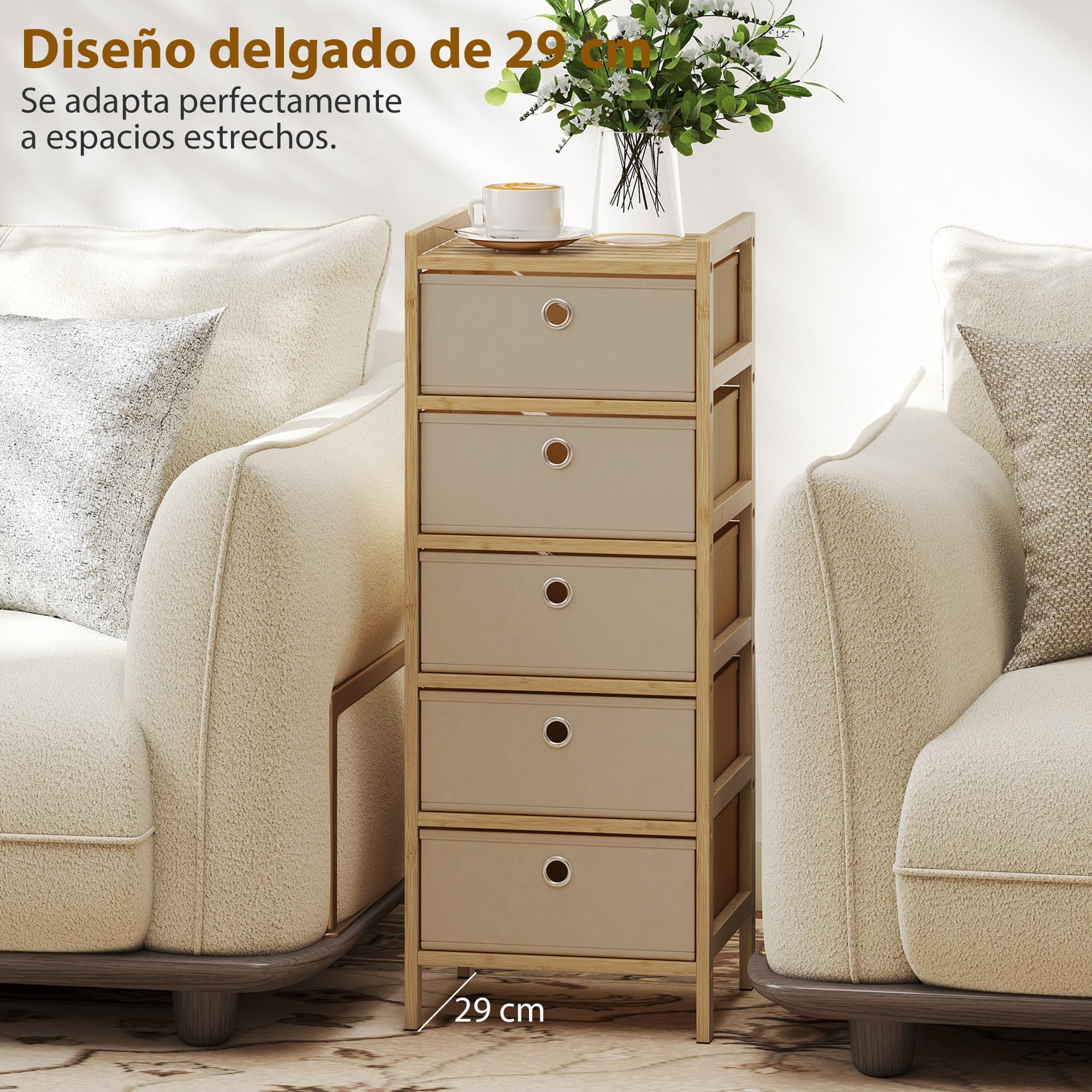 HOMCOM Cómoda con 5 Cajones de Tela, Cómoda para Dormitorio de Bambú, Cajonera para Espacios Pequeños, Salón, Oficina, Vestidor, Crema y Natural