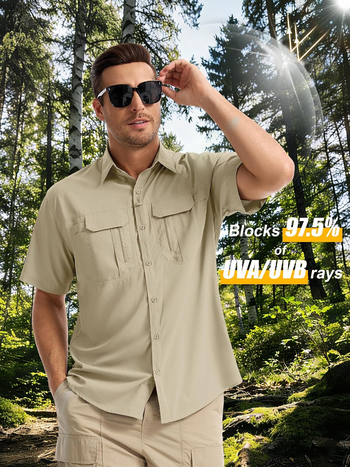 Mens Short Sleeve Fishing Shirt Sun Protection Quick Dry Lightweight image 2