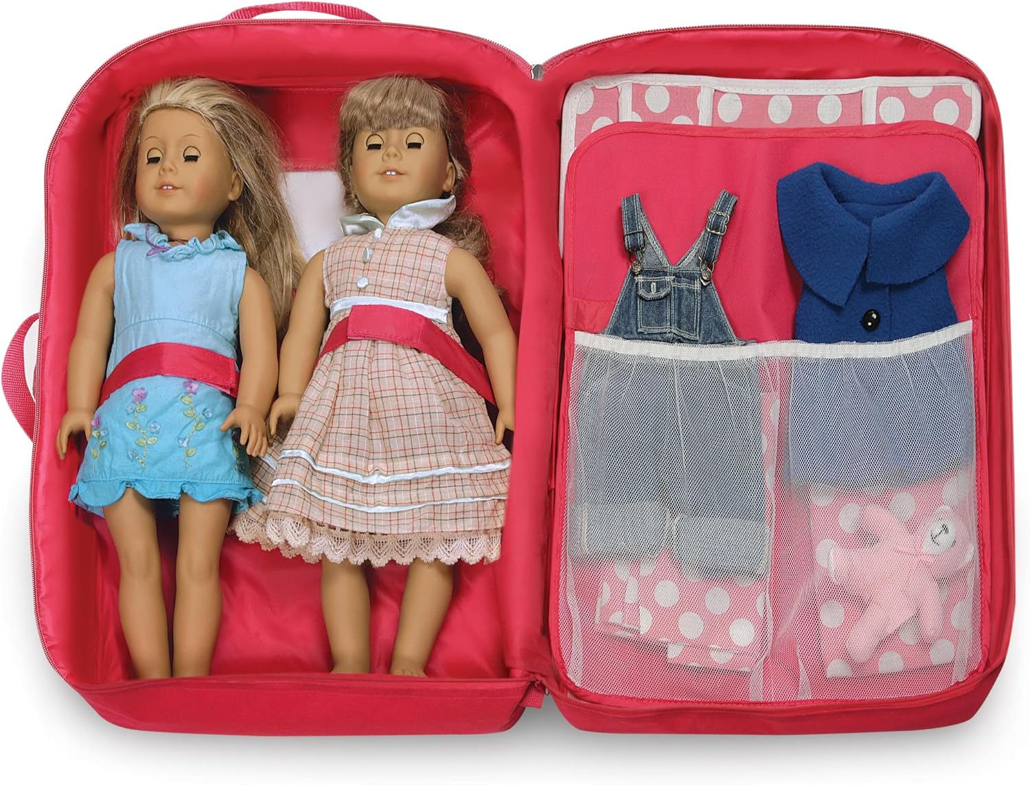 Badger Basket Double Doll Travel Case - Fits 18 Inch Dolls - Includes 2 Doll Beds, Blankets, Storage Compartments, Carry Handle - Lightweight Portable Organizer for Doll Accessories