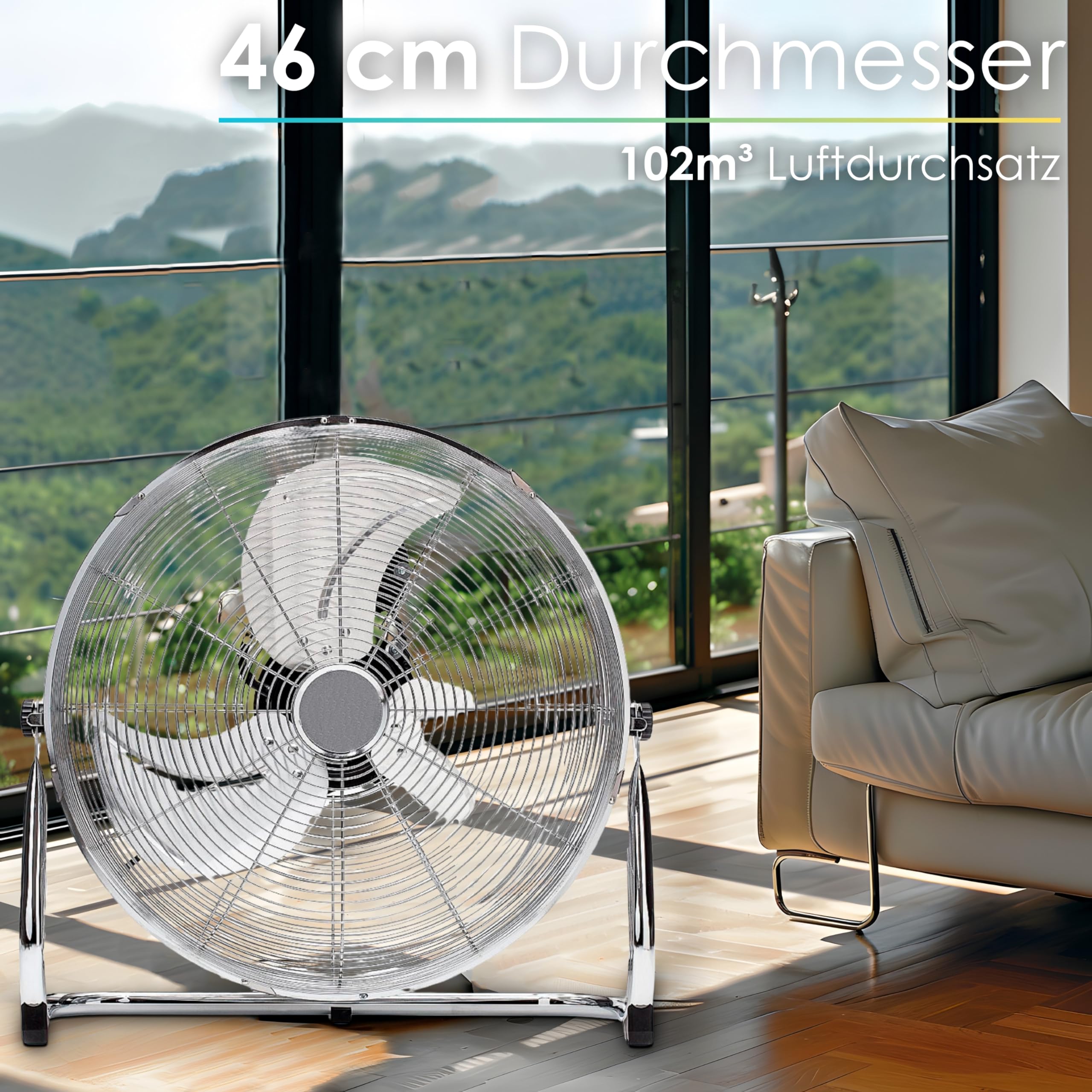 Echos Bodenventilator 46 cm 102 m³/min 1250 U/min 3 Geschwindigkeitsstufen Vollmetall