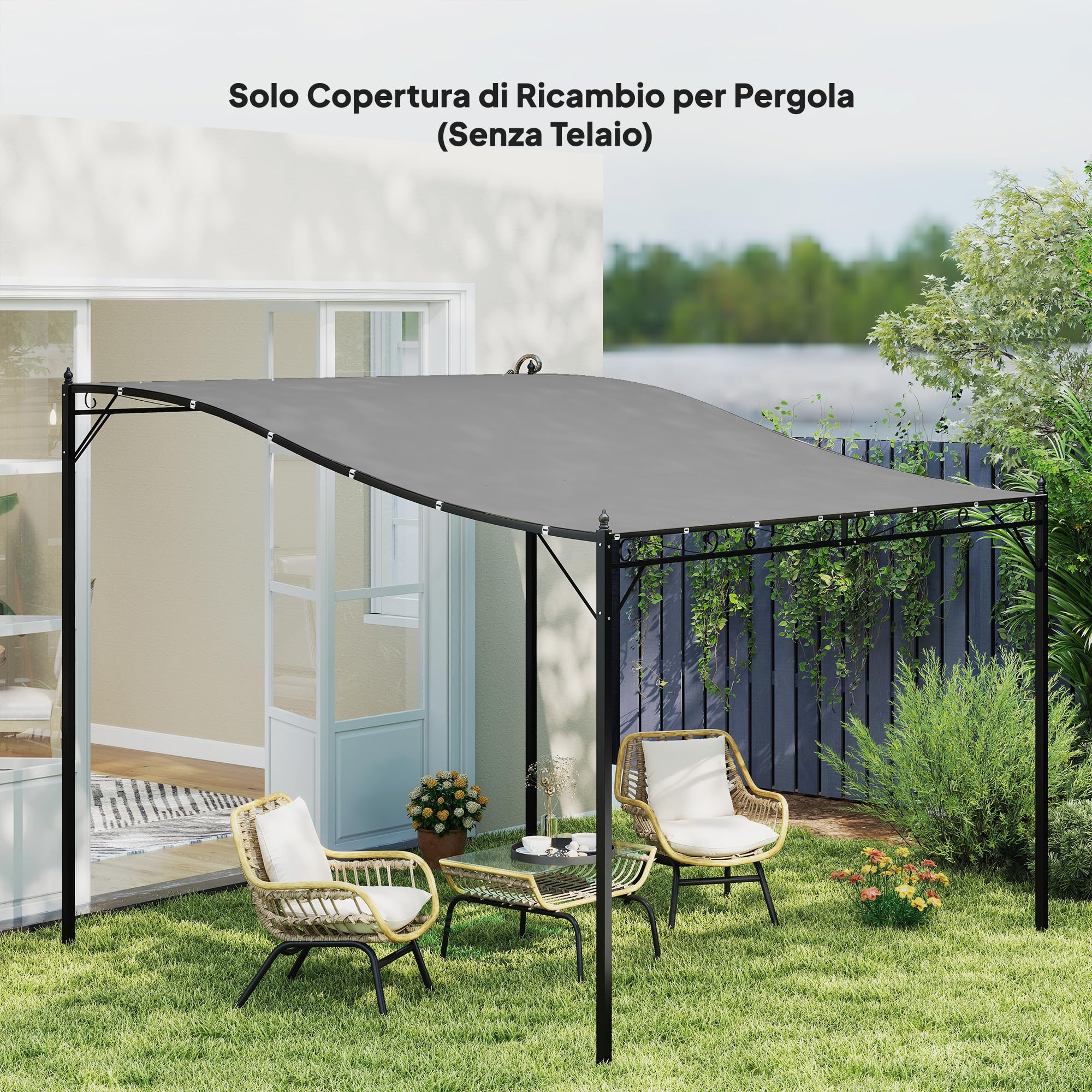 Outsunny Lona de Recambio para pérgola de jardín 3x3 m con 16 Agujeros de Drenaje, Ganchos y Anillas, Cubierta de poliéster para pérgola de cenador, Gris Oscuro
