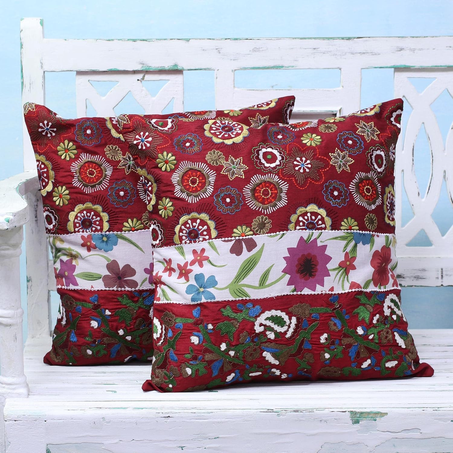 NOVICA Red Floral Polyester Throw Pillow Cover, Garden of Love' (Pair)