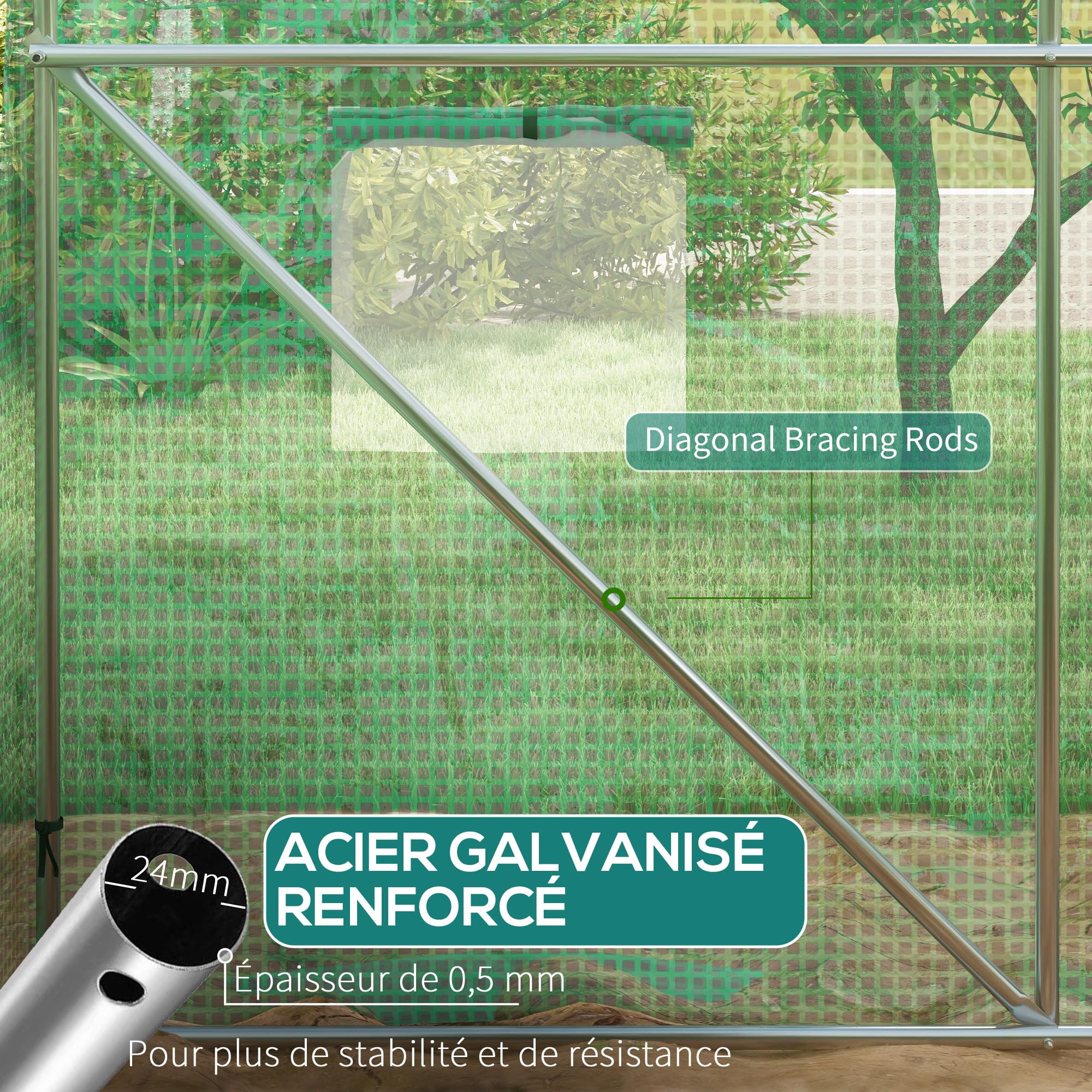 Outsunny Serre de Jardin Tunnel 6 m² Serre à tomates avec système d'arrosage intégré 3L x 2l x 2H m Acier renforcé + PE Haute densité 140 g/m² 6 fenêtres Porte Enroulable Vert