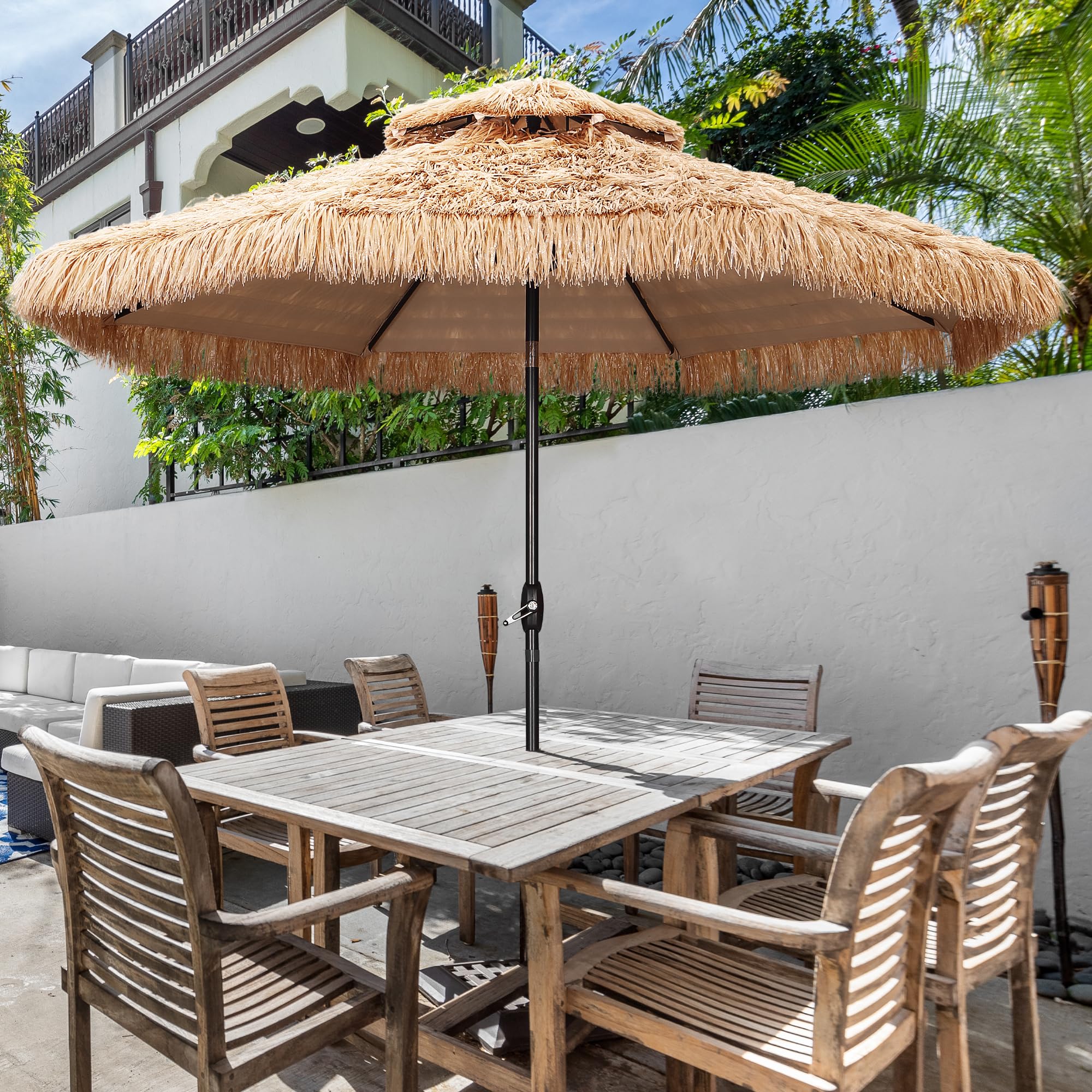 PUPZO 9/10 FT Patio Tiki Umbrella, Outdoor Patio Umbrella w/wo Light, Without base