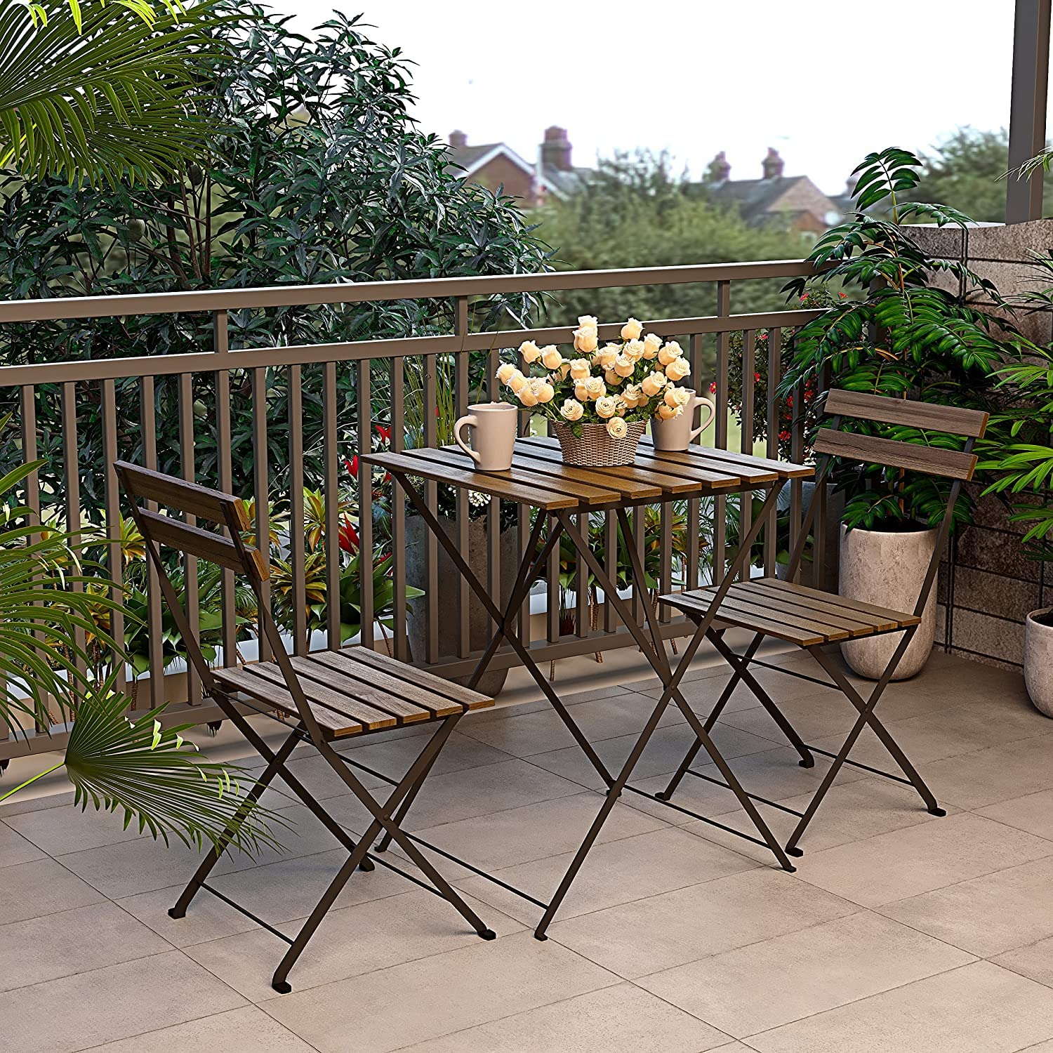 Bricozone Set Bistrot Tavolino Pieghevole e 2 Sedie Salvaspazio in Legno Acacia e Metallo per Patio Giardino Veranda Esterno Balcone Piscina Terrazzo Design Industrial Marrone e Nero