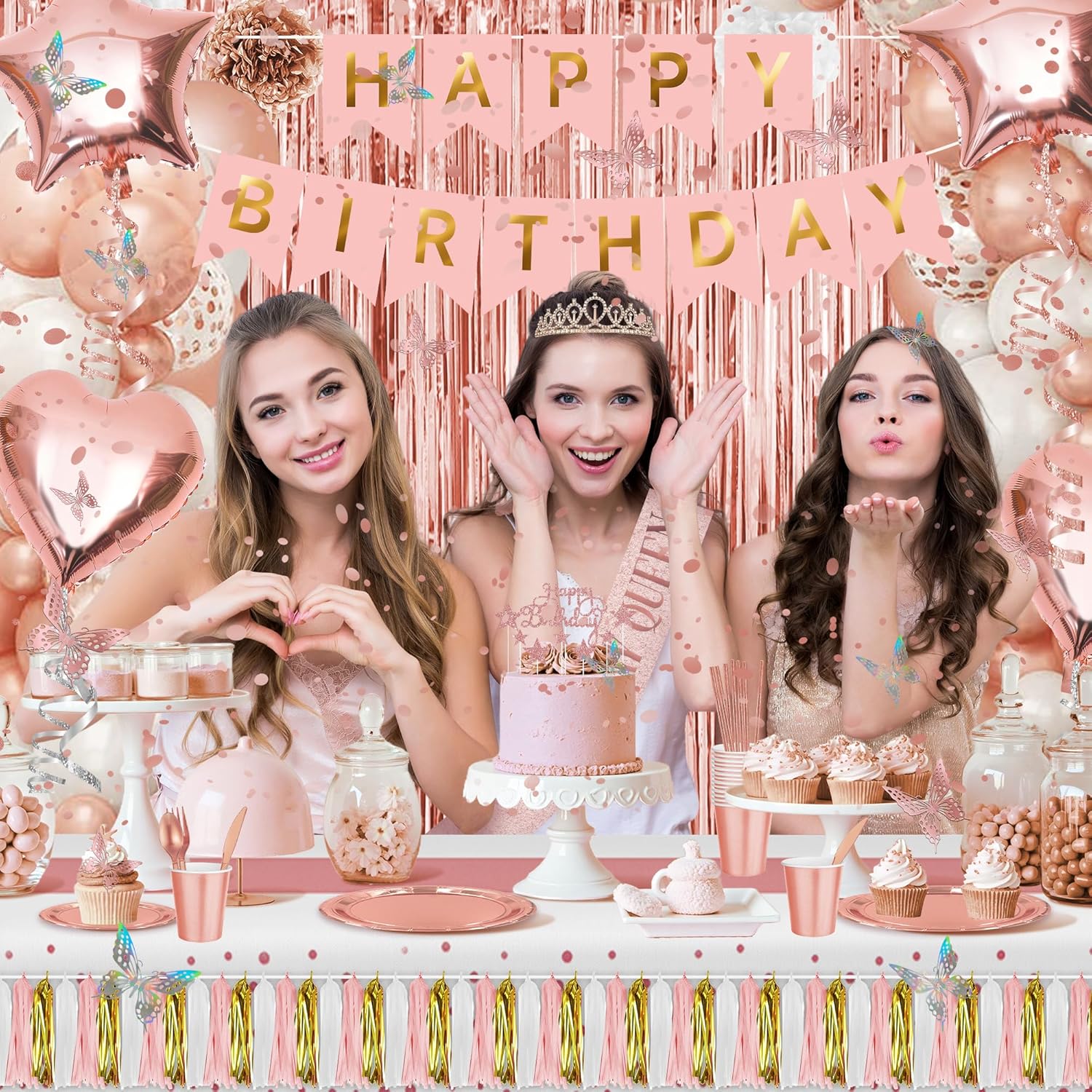 Birthday Decorations For Women Or Girl, Rose Gold Balloons Birthday Decorations For Girl Kit Disposable Dinnerware Set With 25 Guest, Banner Balloon,Tiara,Sash,Photo Props And Butterfly Decorations