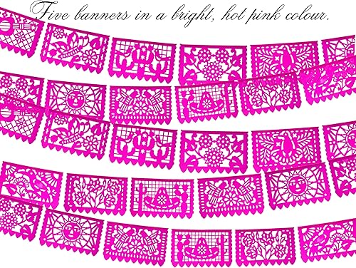 Miniatura 6 de Pancartas de Picado Picado rosa, bandera mexicana, suministros para fiesta, guirnaldas de papel de seda rosa vibrante, paquete de 5 unidades, más de