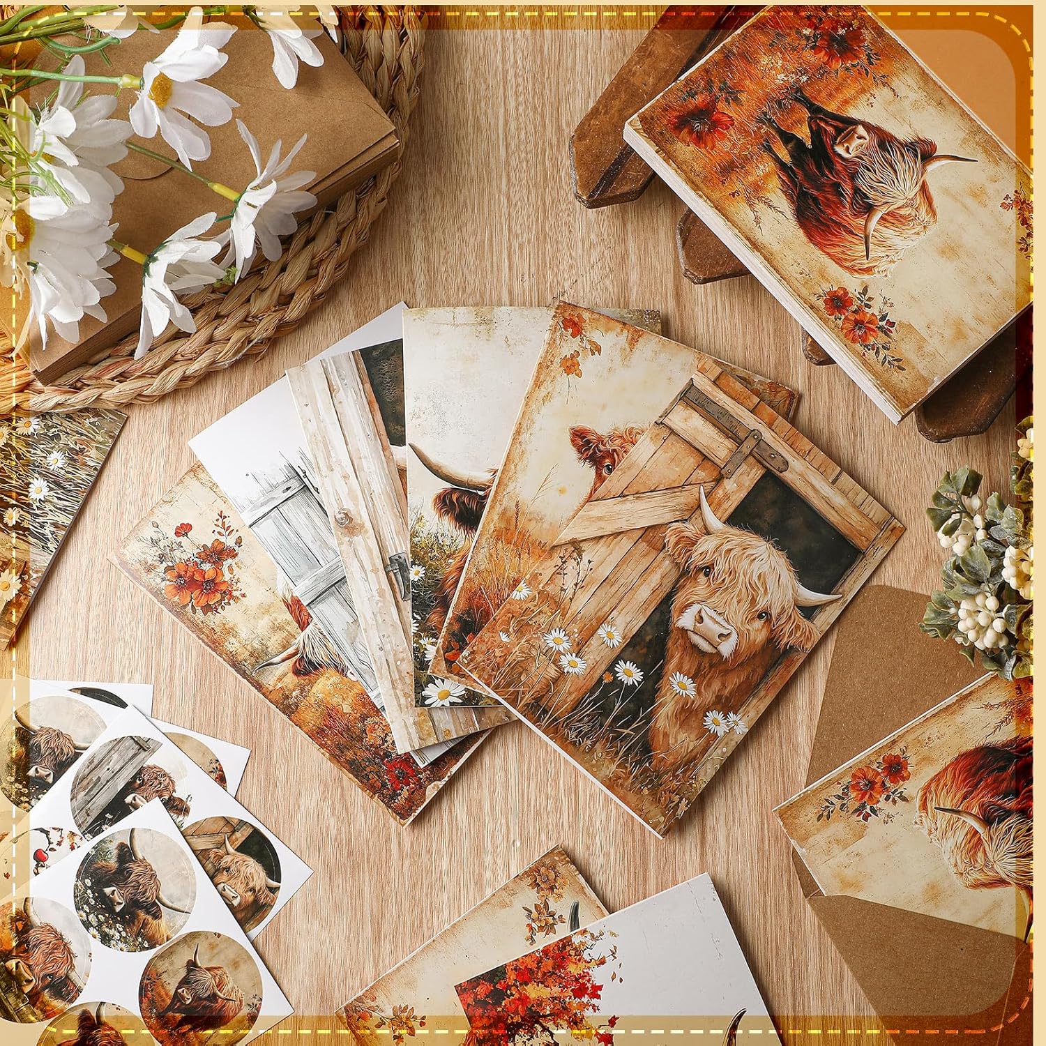 Motiskyy 72 Pack Vinatge Highland Cow Greeting Cards Bulk with 72 Pack Retro Rustic Envelopes 72 Pcs Farmhouse Stickers, 4 x 6 Inch Blank Inside Postcards for Baby Shower DIY Card Paper Gift