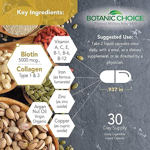 Miniatura 3 de Botanic Choice Vitaminas para el cabello, la piel y las uñas, suplemento de biotina con colágeno, vitamina C y hierro, mezcla súper antioxidante con