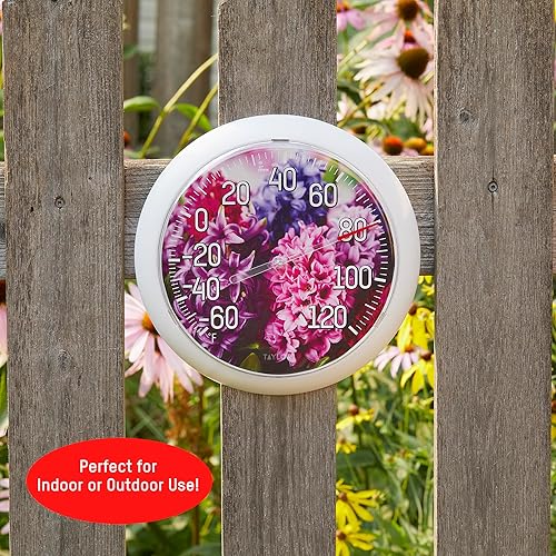 Miniatura 4 de Taylor Termómetro de esfera Hyacinth Garden para interiores y exteriores, decoración para patio, piscina o garaje, 8.5 pulgadas, bisel blanco