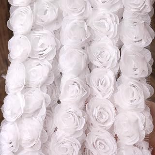 3D Rosy Organza Lace Trim White Chiffon Rose Floral Lace Trim for Bridal Veils, Wedding Dresses, DIY Crafts (2.5 Yards)