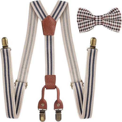 MagicPop Kids Boys Premium Suspenders and Pre tied Bowtie set - Elastic suspenders with Y Back &amp; Adjustable Strong Clips