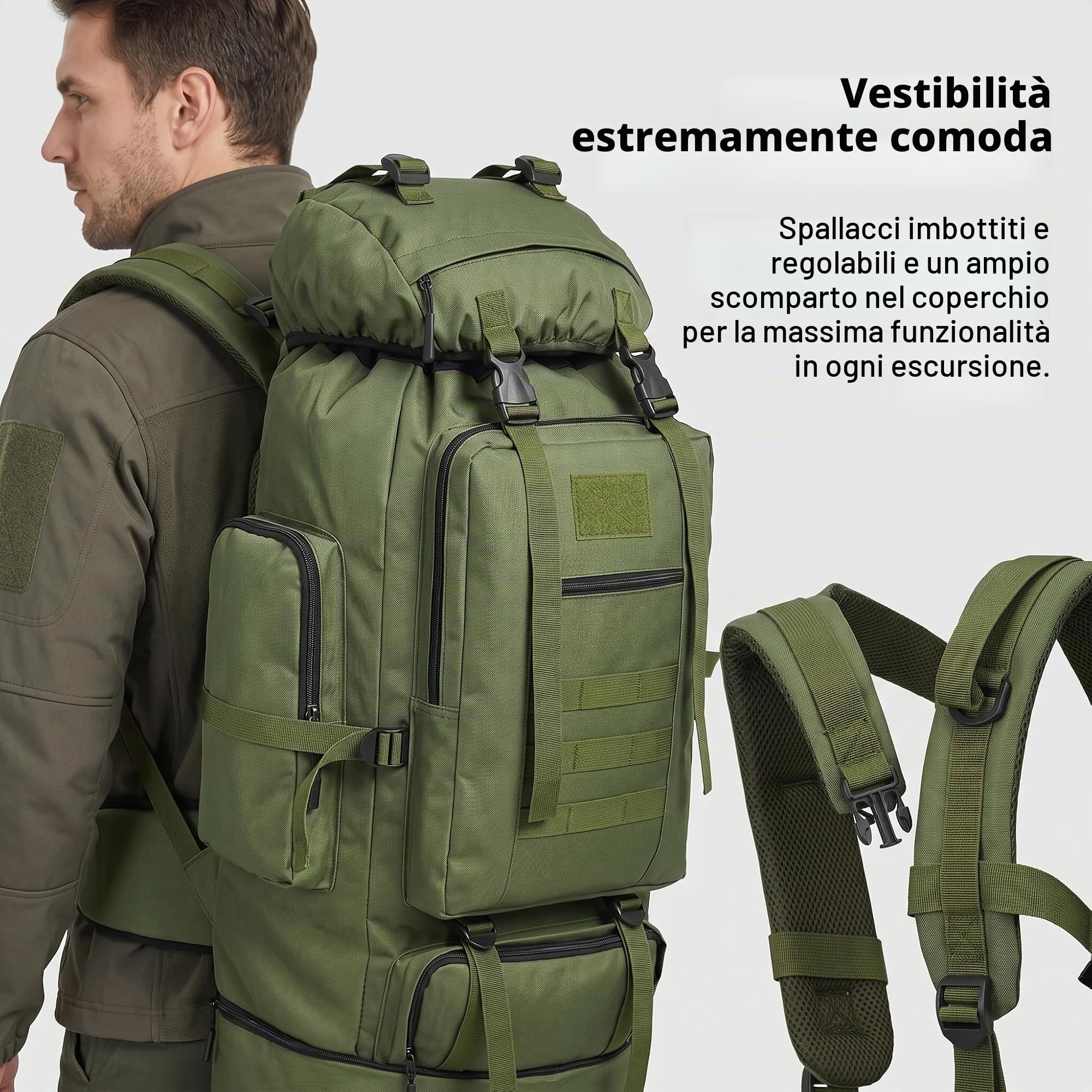 Zaino da trekking e escursionismo da 100 l, grande, per campeggio, viaggi e avventure, ergonomico, impermeabile, robusto, nero e verde militare