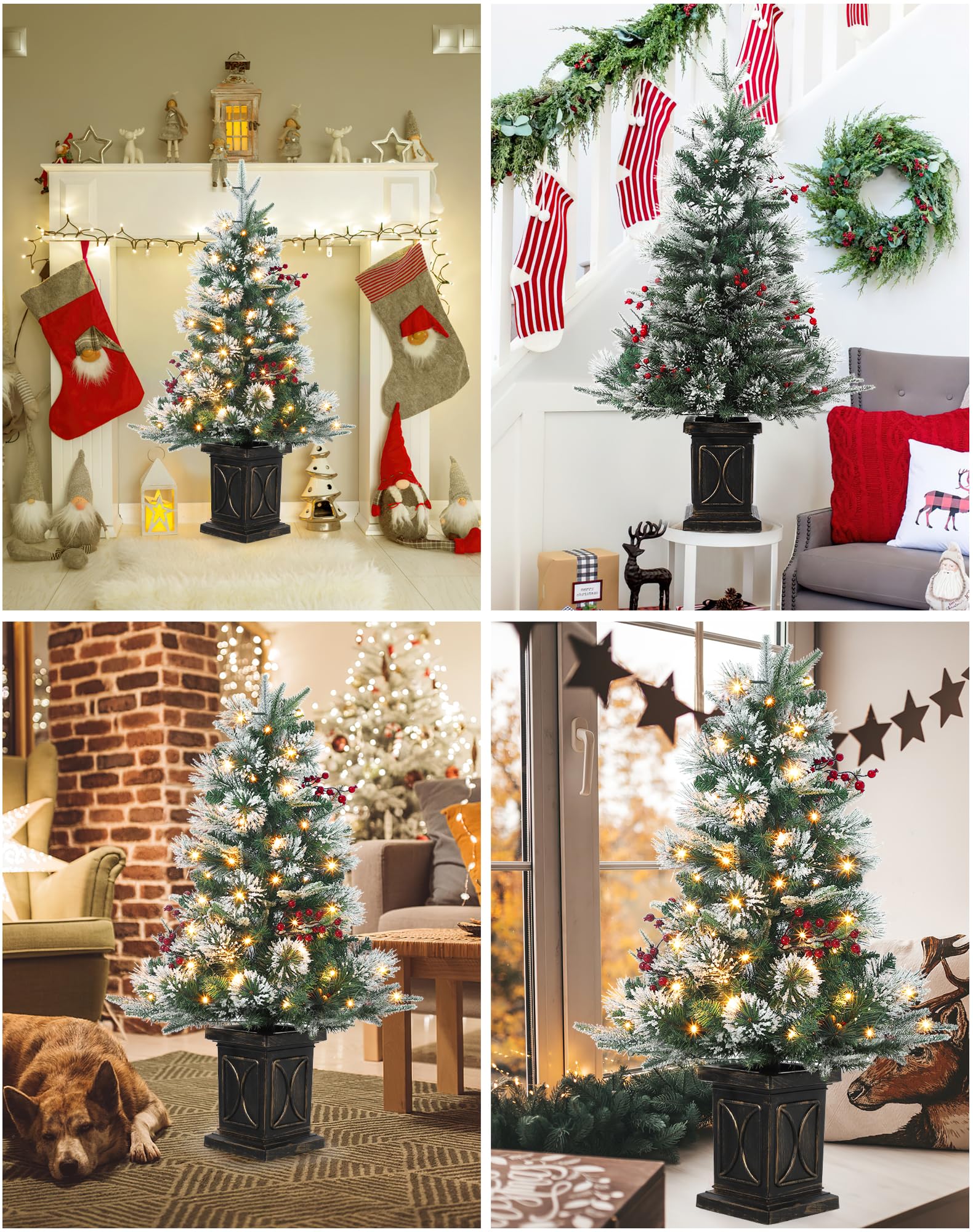 2PCS Weihnachtsbaum Künstlich 90 cm mit 78 Beleuchtung, Snow Flocked Künstlicher Weihnachtsbaum Batteriebetrieben Pre-lit Premium mit roten Beeren Weihnachten deko für Zuhause, Büro, Vintage Topfbasis