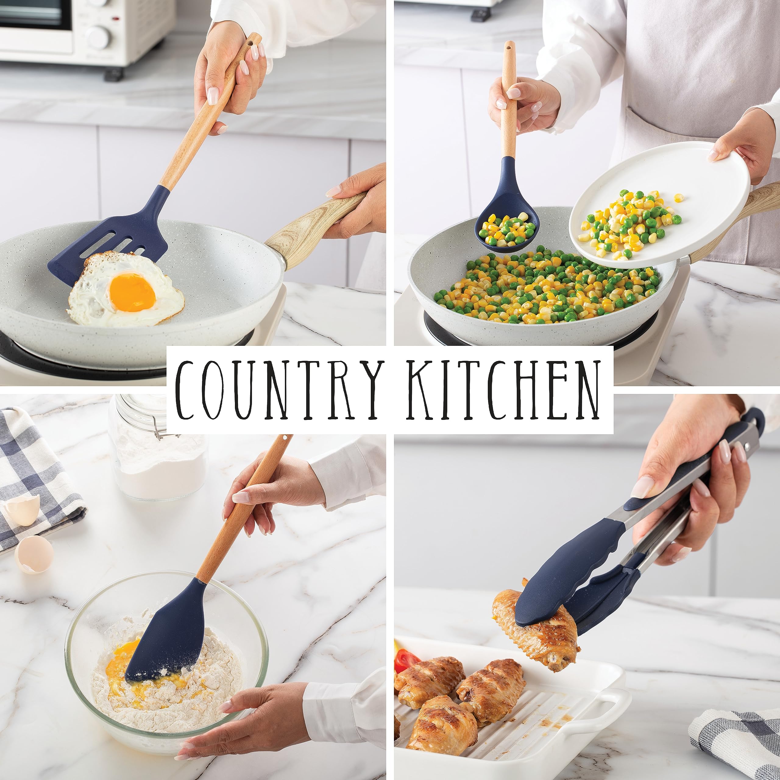Country Kitchen Juego de utensilios de silicona antiadherente con asas redondeadas de madera para cocinar y hornear, juego de 38 piezas, azul marino