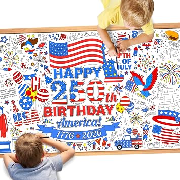 DPKOW 250th Anniversary American Coloring Tablecloth 4th of July Party Favors, American Flag Patriotic Giant Poster 72 x 30 Inches, Fourth of July Art Crafts Happy 250th Birthday America Table Cover