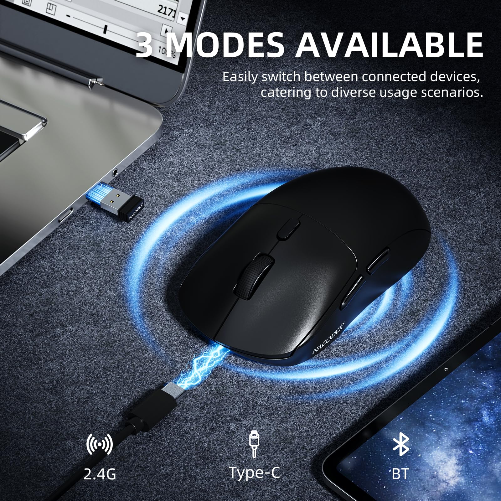A.JAZZ NJ07 SUPERLIGHT Wireless Computer Mouse, BT/2.4G/USB-C, 67g Lightweight, 12800 DPI, 300mAh Battery, 1K Polling Rate, Streamlined Ergonomic, Cordless Silent Gaming Office Mice for PC/Mac-Black — view 4