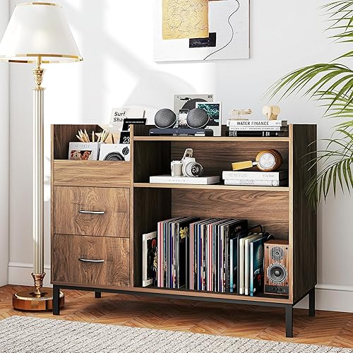 Soporte para tocadiscos con almacenamiento de vinilo y cajones, más de 500 gabinetes de almacenamiento de discos de vinilo con patas de metal,