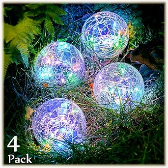 Garden Solar Lights Cracked Glass Ball Decorative Solar Globe Lights Outdoor Landscape Lights Waterproof LED Solar Patio Lights for Pathway Walkway Garden Yard Lawn Decoration (4 Pcs, 3.9 Inch)