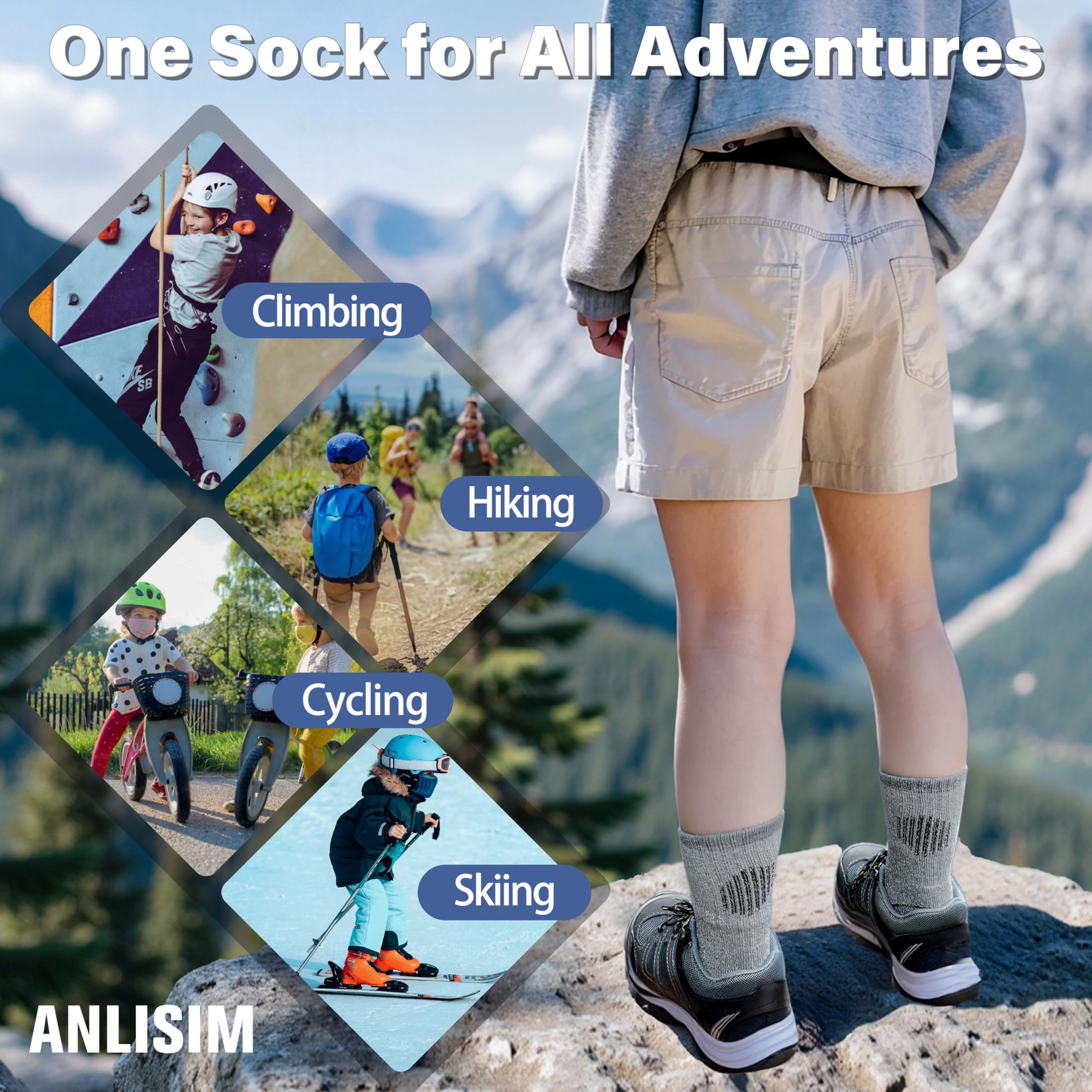 Anlisim Merino Wandersocken für Kinder Mädchen Jungen Wolle Socken Dicke Thermosocken Warme Sportsocken Trekking Wintersocken Weihnachtssocken Geschenke Kindersocken 4 Paare(Grau,12-15 Jahre)