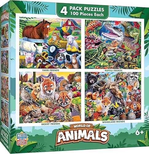 Miniatura 14 de MasterPieces Juego de rompecabezas para niños a partir de 6 años, paquete de 4 de 100 piezas, juego educativo y divertido, colección de animales