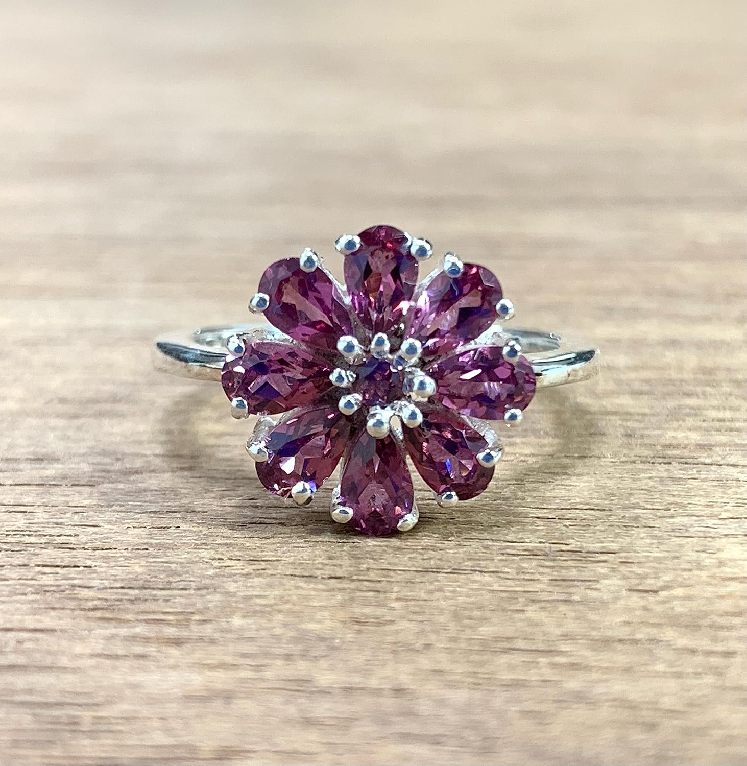 Malaya Garnet Ring, Pear Shape, Cluster Ring in Sterling Silver, Raspberry Rhodolite Garnet Ring, Flower Ring, Dainty Ring, Healing Crystal