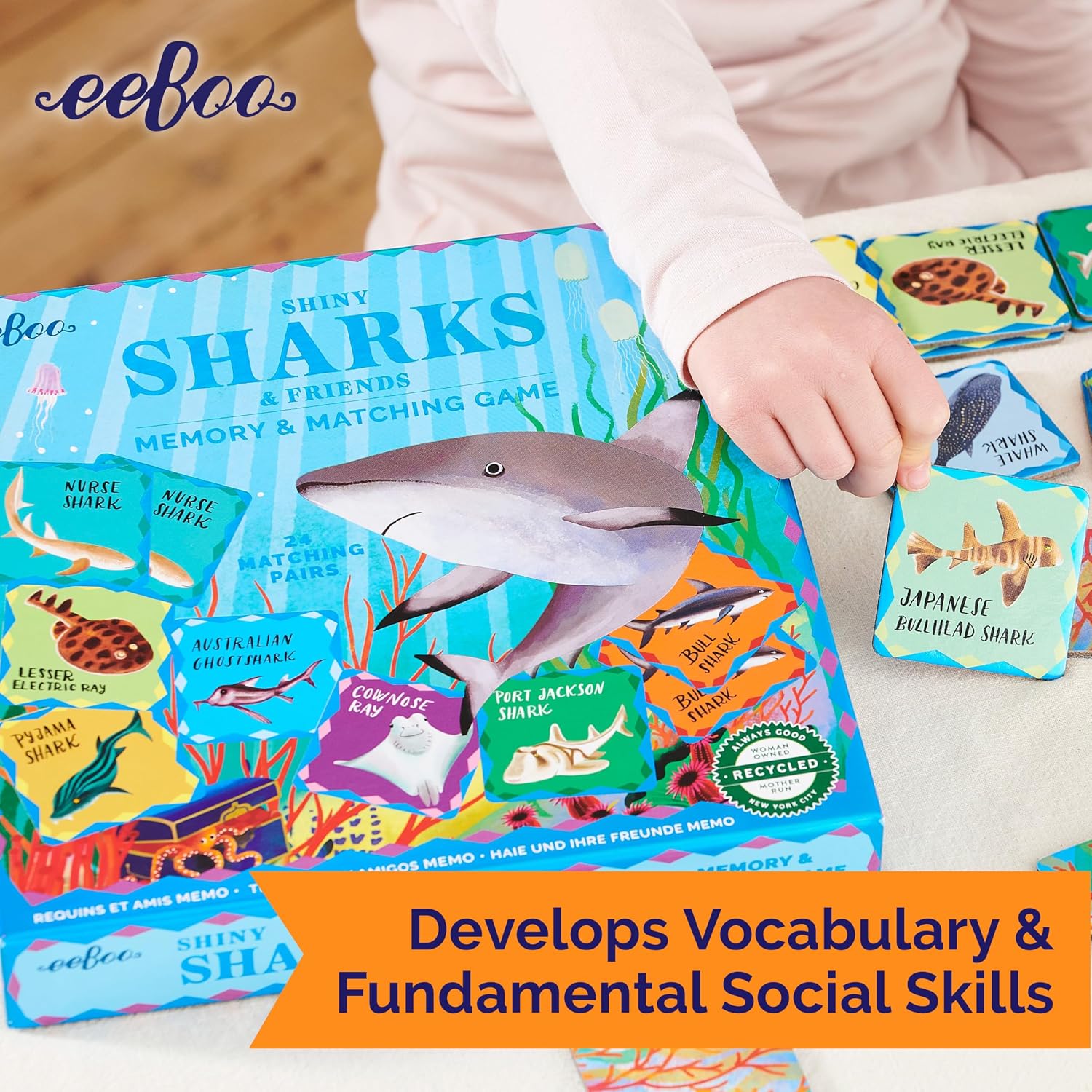 eeBoo: Memory & Matching Game- Shiny Sharks & Friends - 24 Matching Pairs, Educational Preschool Game, Kids Ages 3+, 1-4 Players