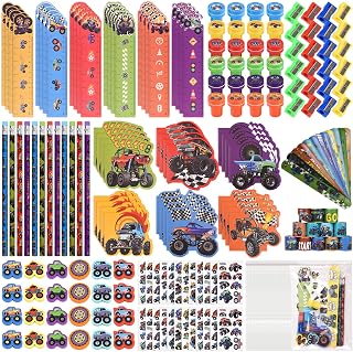216 Pcs Monster Truck Stationery Set for Notebook Sticker Stamp Eraser Ruler Pencil Bulk Race Car Theme Party Favor Bag Candy Bag Pinata Supplies