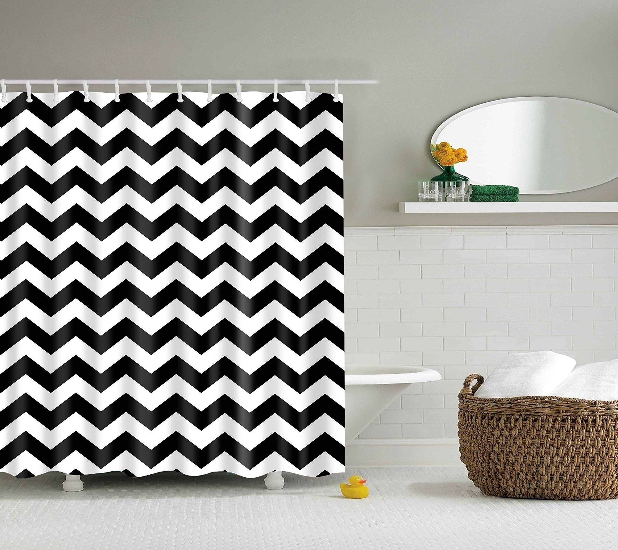 DOTZ Bathroom Collection Black and White Chevron Shower Curtain - 12 Premium Black Easy-Glide Roller Stainless Steel Hooks - 100% Polyester Fabric