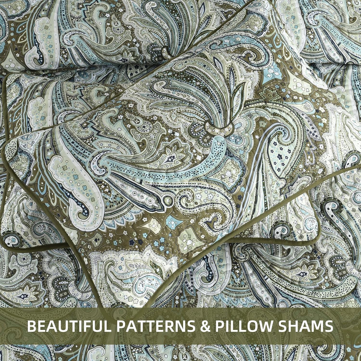 DJY Green Paisley Quilt Set King Size Boho Bedspread Coverlet Set 3 Pieces, Soft Lightweight Microfiber Dark Olive Green Paisley Floral Pattern Bedding Set for All Season, 110''x90'' - Image 6