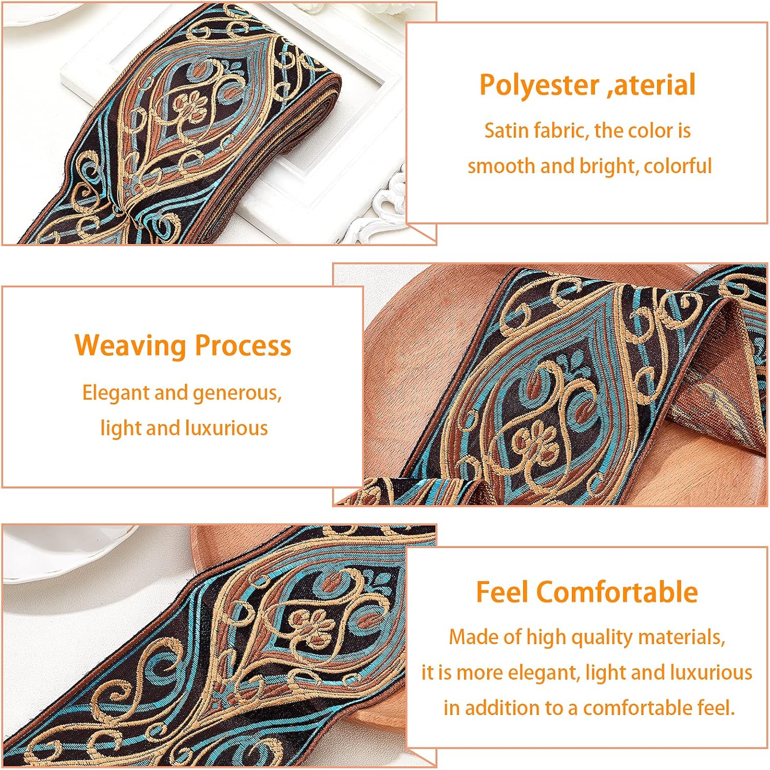 PH PandaHall 7 Yard 3.6 Inch Jacquard Ribbon, Single Face Embroideried Lace Trim Woven Ribbon Fabric Trim Fringe for Sewing Crafting Home Decor Wedding, Gift Wrapping, Bag Straps Embellishment