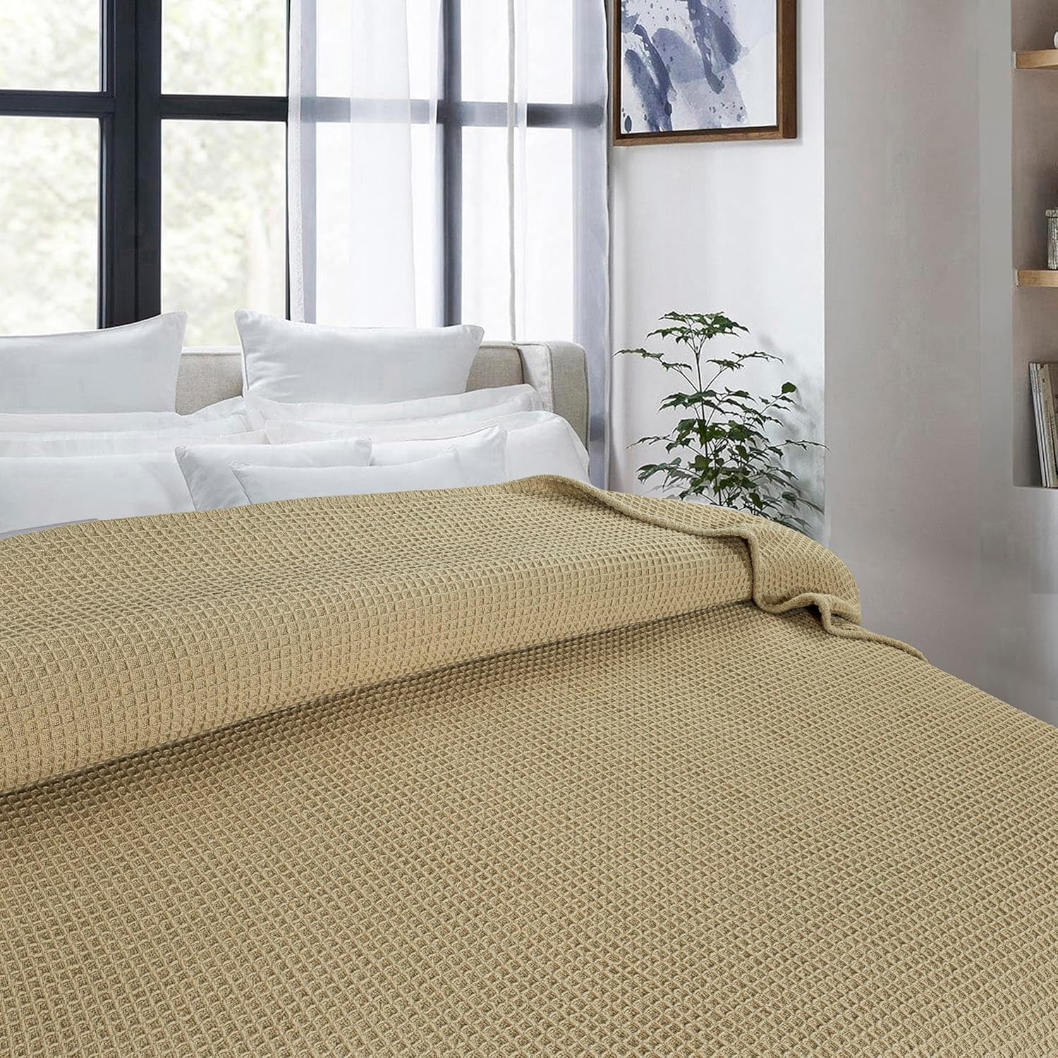Bed & Bath Home Premium 100% Cotton Waffle Weave Blanket Twin Size – Soft Breathable Lightweight Comfort, Natural All-Season Bed Blanket, Easy-Care Bedspread for Bed & Couch (Khaki) - Image 6
