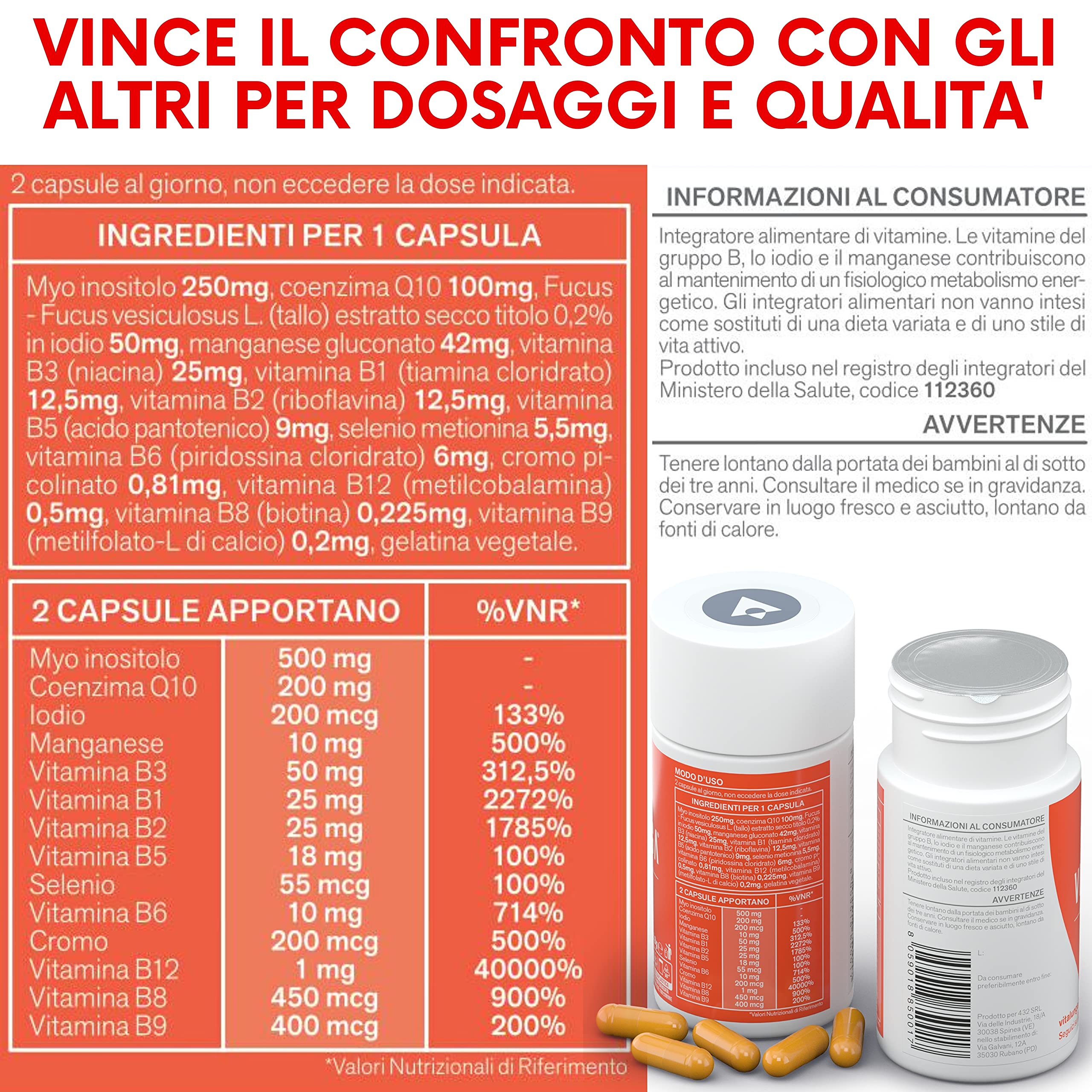 Vitamina B Complex + Coenzima Q10 - Altissimo Dosaggio di Vitamina B12, B1, B2, B3, B5, B6, B7, B8, B9, Q10 e Minerali 60 Capsule 100% Vegan Vitalunga