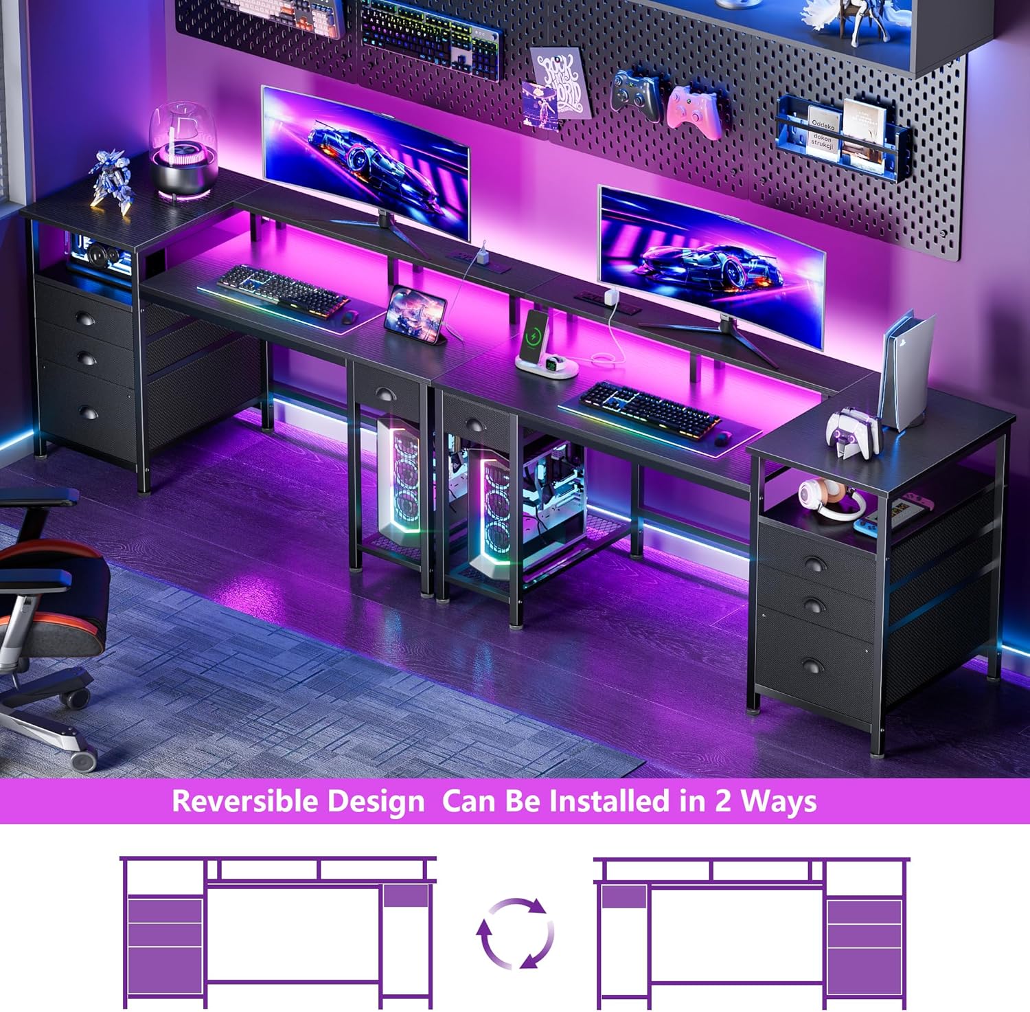Furologee 52'' Gaming Desk with LED Lights and Power Outlets, Reversible Computer Desk with 4 Drawers, Fabric File Cabinet, Printer Space, Shelves and Monitor Stand for Home Office and Bedroom, Black