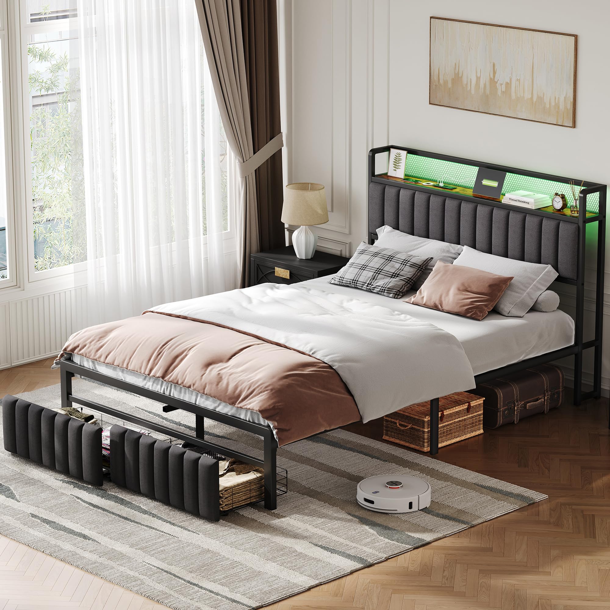 Besbed King Bed Frame with 2 Storage Drawers, Wooden Storage Headboard Shelf with LED-Light & UPS-Port. Metal Bed for Adults and Teenagers, No Mattress (150 x 200 cm)