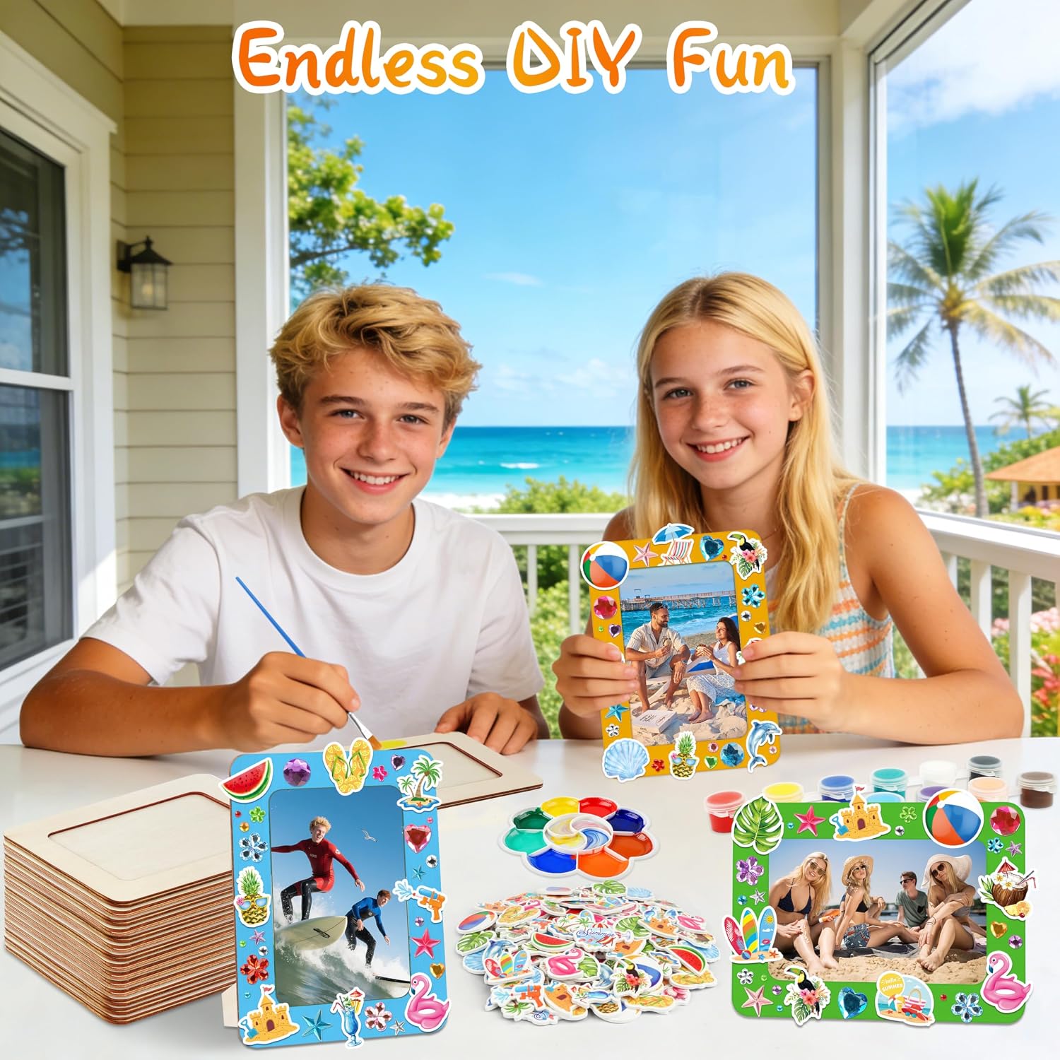 JOPHMO 24 Pack DIY Wood Picture Frames - 4 x 6 Unfinished Wooden Photo Frame with Beach Stickers Rhinestone Stickers Drawing Tools, Summer Beach Theme Arts and Crafts Kit Birthday Party Favors