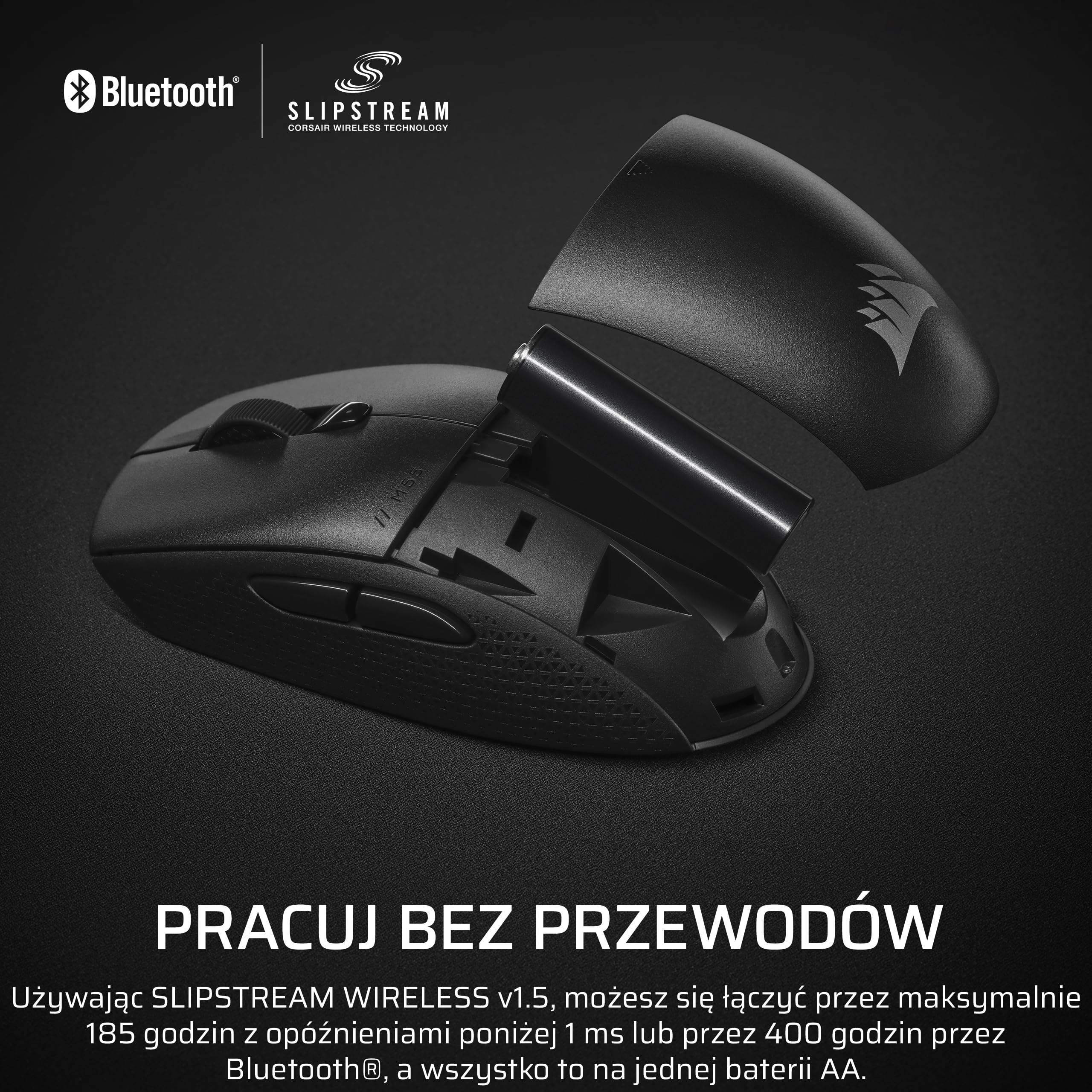 CORSAIR M55 WIRELESS Lekka FPS Mysz Gamingowa – 2.4GHz & Bluetooth – 24 000 DPI – Ultradługi czas Działania na Baterii – Sześć Programowanych Przycisków – Uchwyty Boczne o Fakturze – Czarny