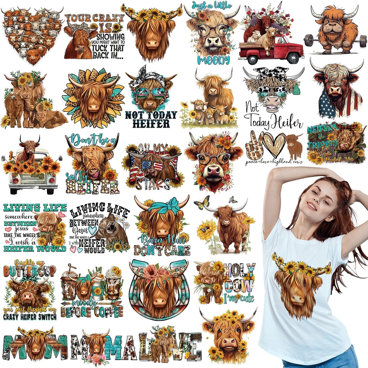 Yuntau 30 Pcs Western Iron On Transfer Patches Iron On Vinyl Decals for Jeans Western DTF Heat Transfer Vinyl Stickers DIY Appliques for Clothing T Shirt Pillow Hat(Highland Cow)