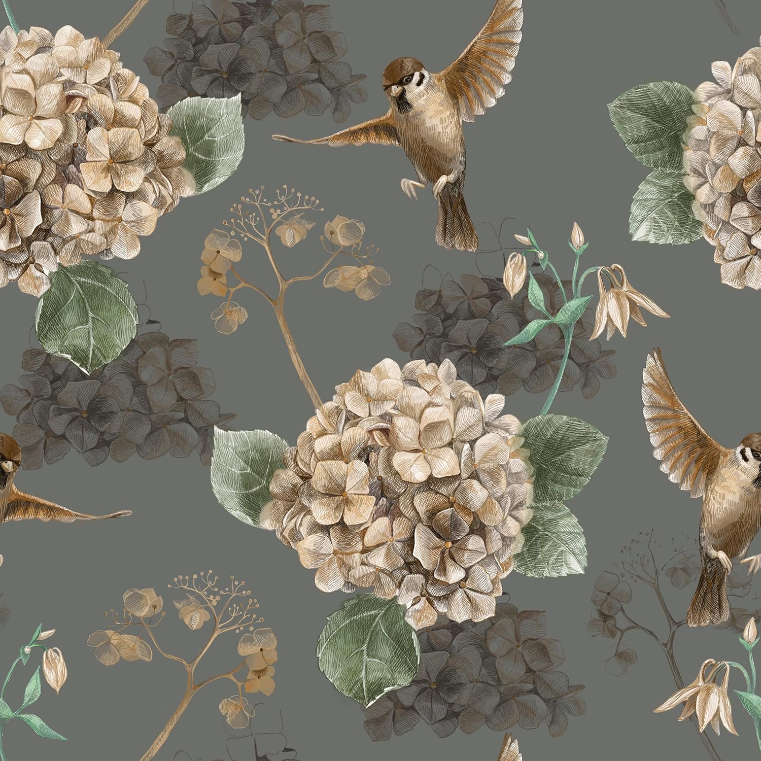 Pewter Green Hydrangea Wallpaper Prepasted Floral Peel and Stick Wallpaper Boho Sparrow Bird Floral Wall Paper for Bedrooms Bathroom Waterproof Removable Vintage Flower Wall Mural 17.7"x472"
