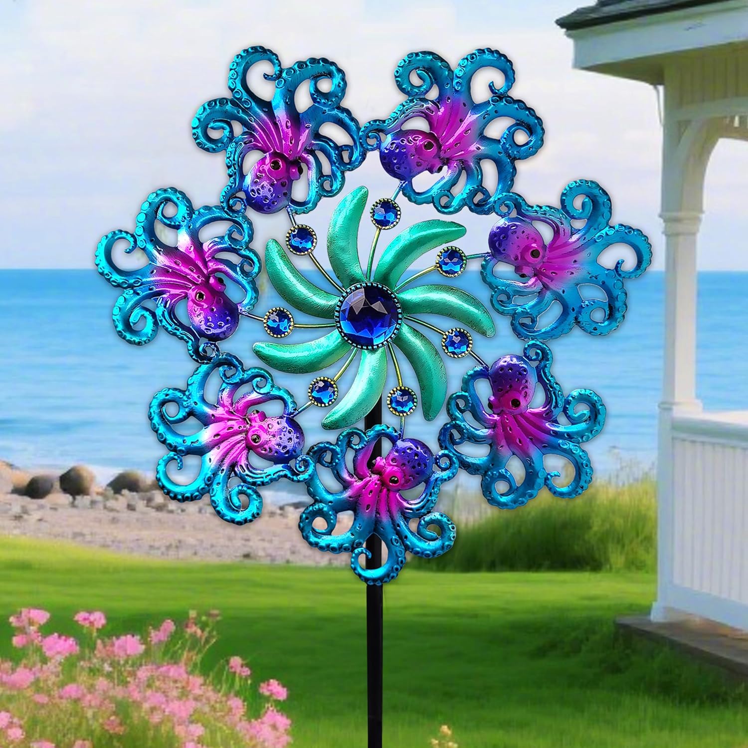 Octopus Wind Spinners 49" Garden Spinner Stake Outdoor Large Metal, Windmills Gifts for Mother's Day Birthday Lawn Patio Decor（Blue）