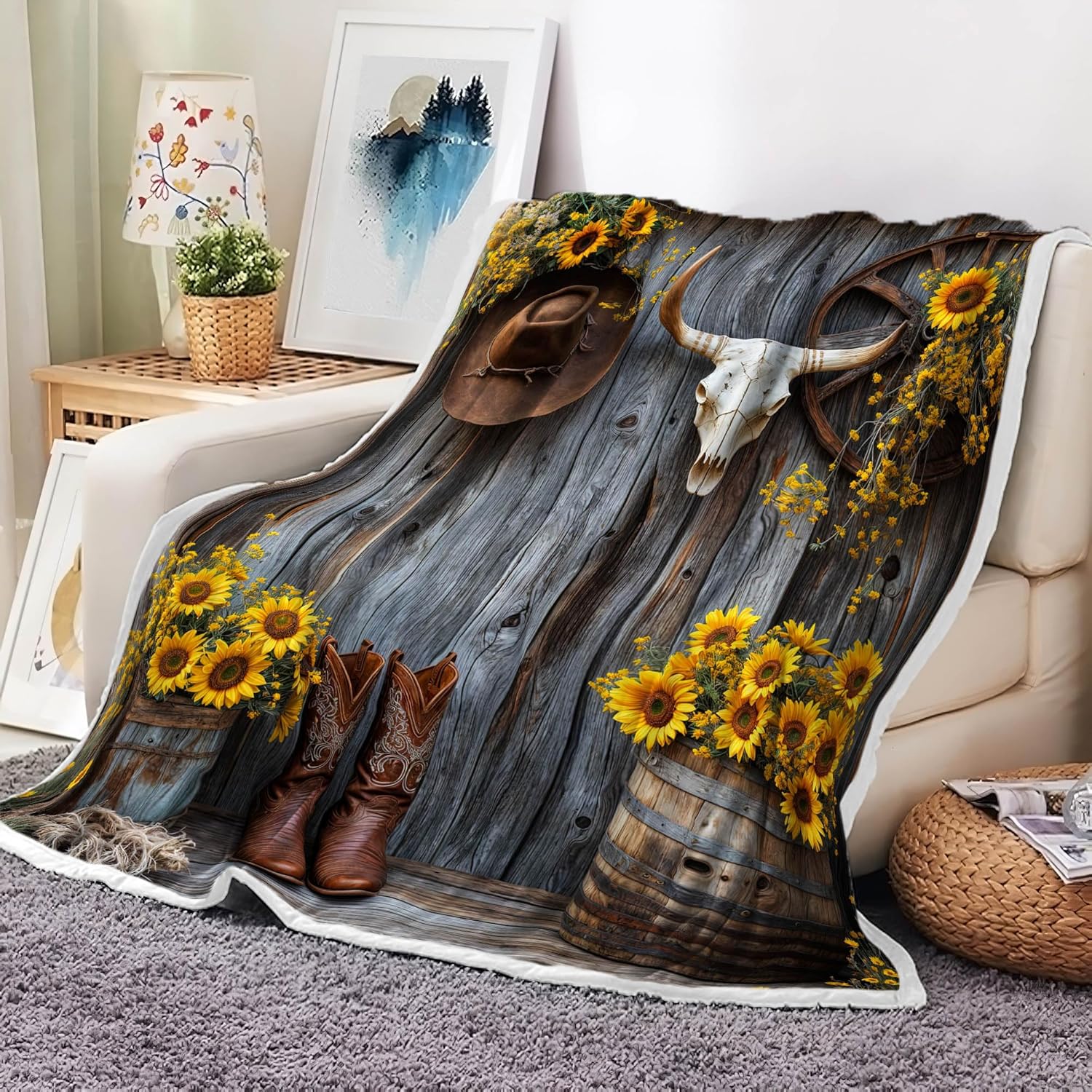 Western Cowboy Throw Blanket, Farmhouse Barn Southwest Country Sunflower Cowboy Boots Floral Soft Warm Cozy Plush Comfy Blanket for Couch Bed Sofa Rustic Southwestern Decorative Throws 60X80in