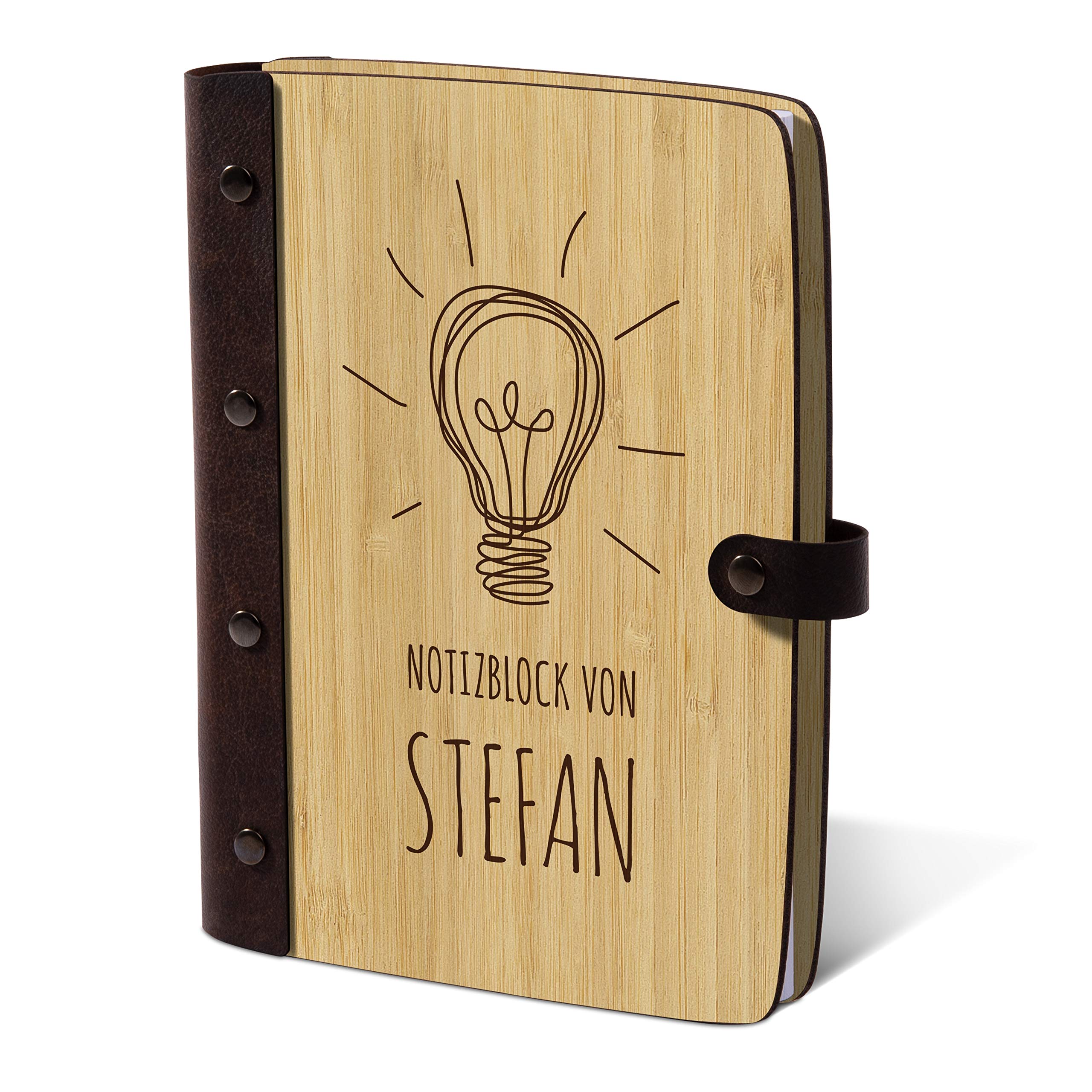 Notizbuch Holzcover individuelle Gravur mit Echtleder Rücken 72 Blatt | 144 Seiten A5 hoch 158x222mm Bambus - Glühbirne