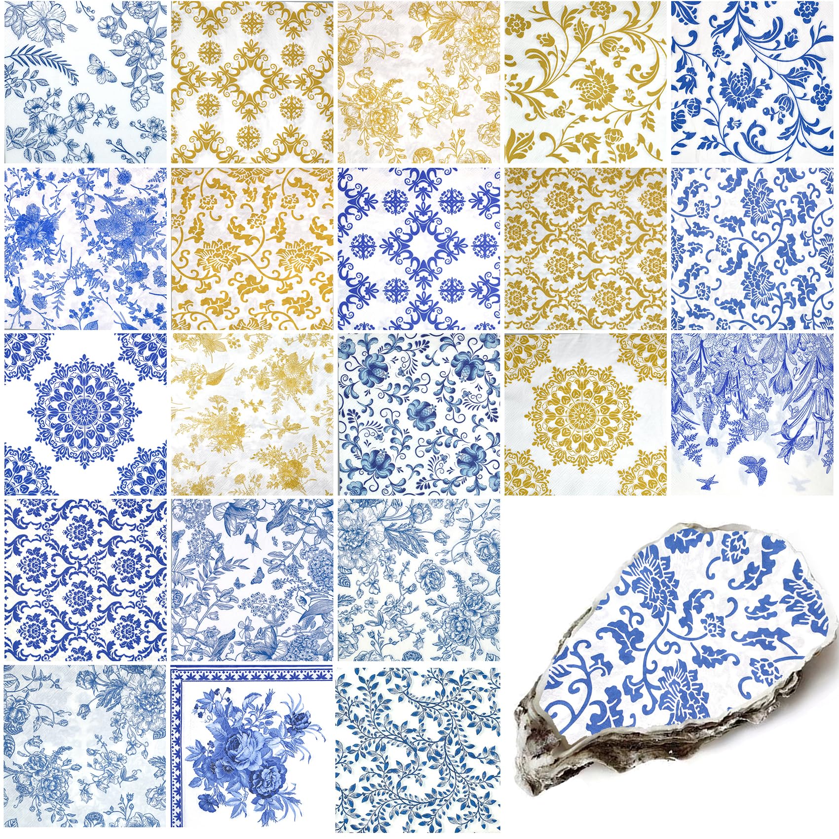 LSYAHCYY 21 Pack Assorted Floral Napkins Decoupage Decorative, Decoupage Napkins Cocktail Decorative Paper for Birthday Party Beautiful Gorgeous, 21 styles of decorative paper (Blue and Gold Floral)