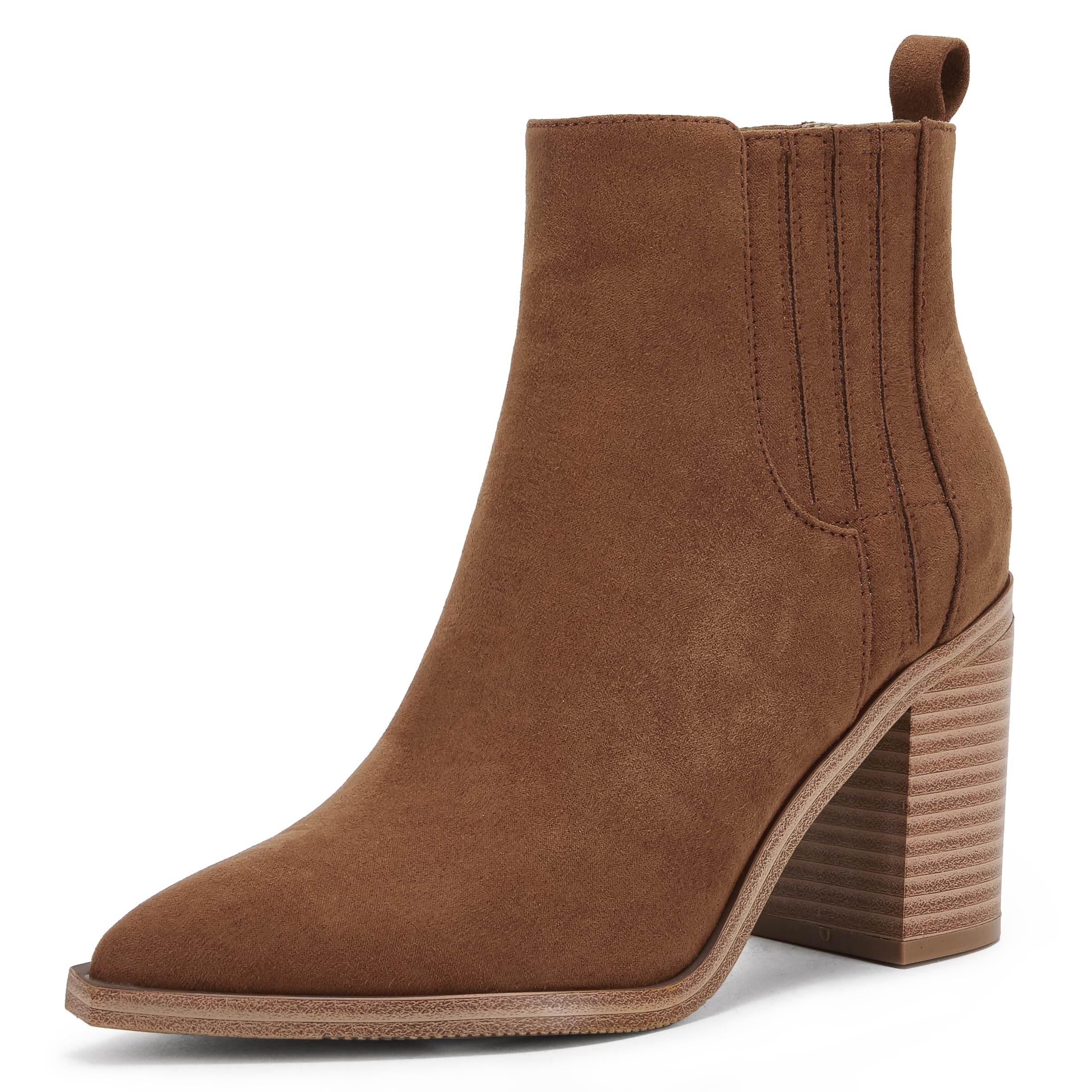 Womens Ankle Boots Slip on Pointed Toe Chunky Block Mid Heel Leather Elastic Panel Casual Chelsea Western Booties