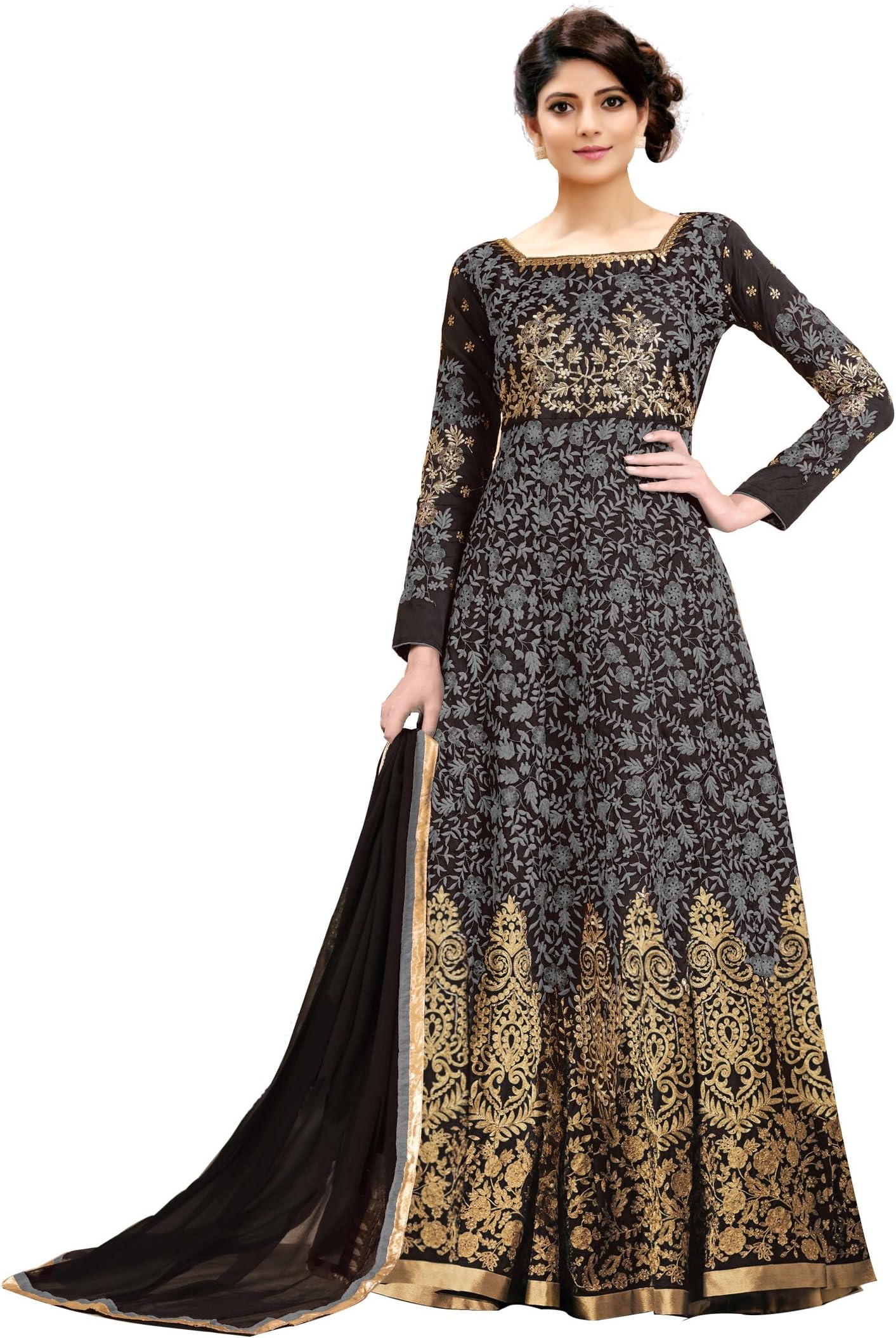 Siddeshwary FabWomen's Taffeta Silk Anarkali Gown (Grey)