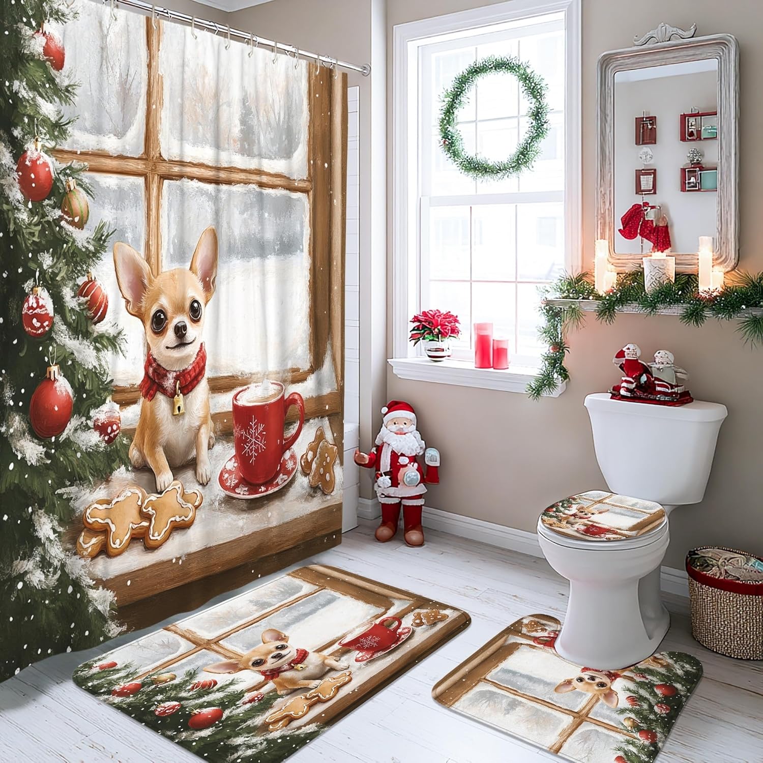 4PCS Winter Christmas Chihuahua Dog Bathroom Accessory Sets with Non-Slip Rug, U Shape Toilet Lid Cover Mat, Gingerbread Xmas Puppy Bathroom Decoration 72''x72''