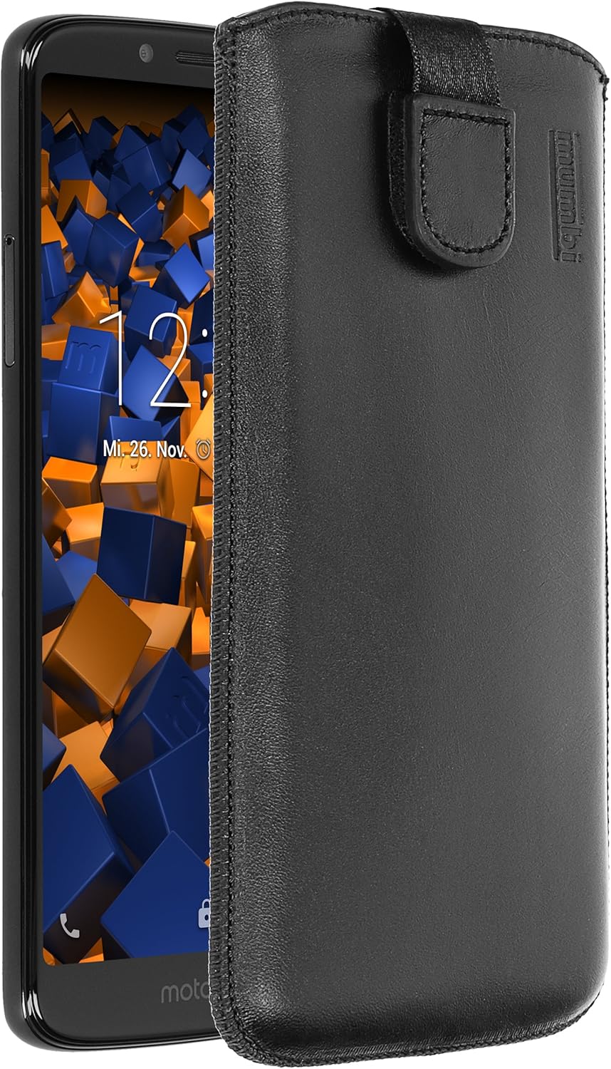 mumbi Genuine Leather Case for Motorola Moto G6 Play with Pull-Out Tab Black