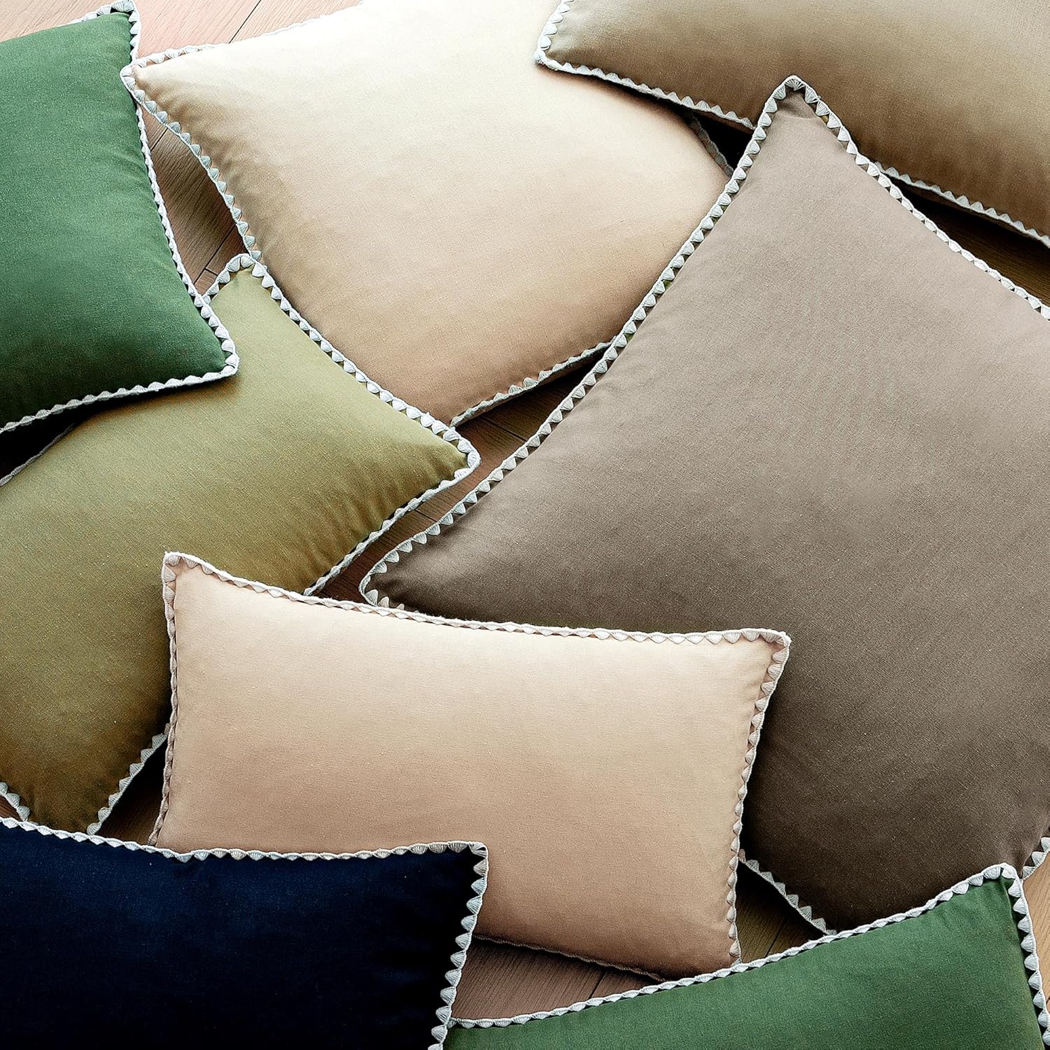 Linen-Look Pillow Covers Set of 2, Decorative Throw Pillow Covers 24 x 24 Inch, Neutral Boho Shell Seamed Cushion Euro Shams Farmhouse Vintage Cozy Home Decor for Living Room, Khaki