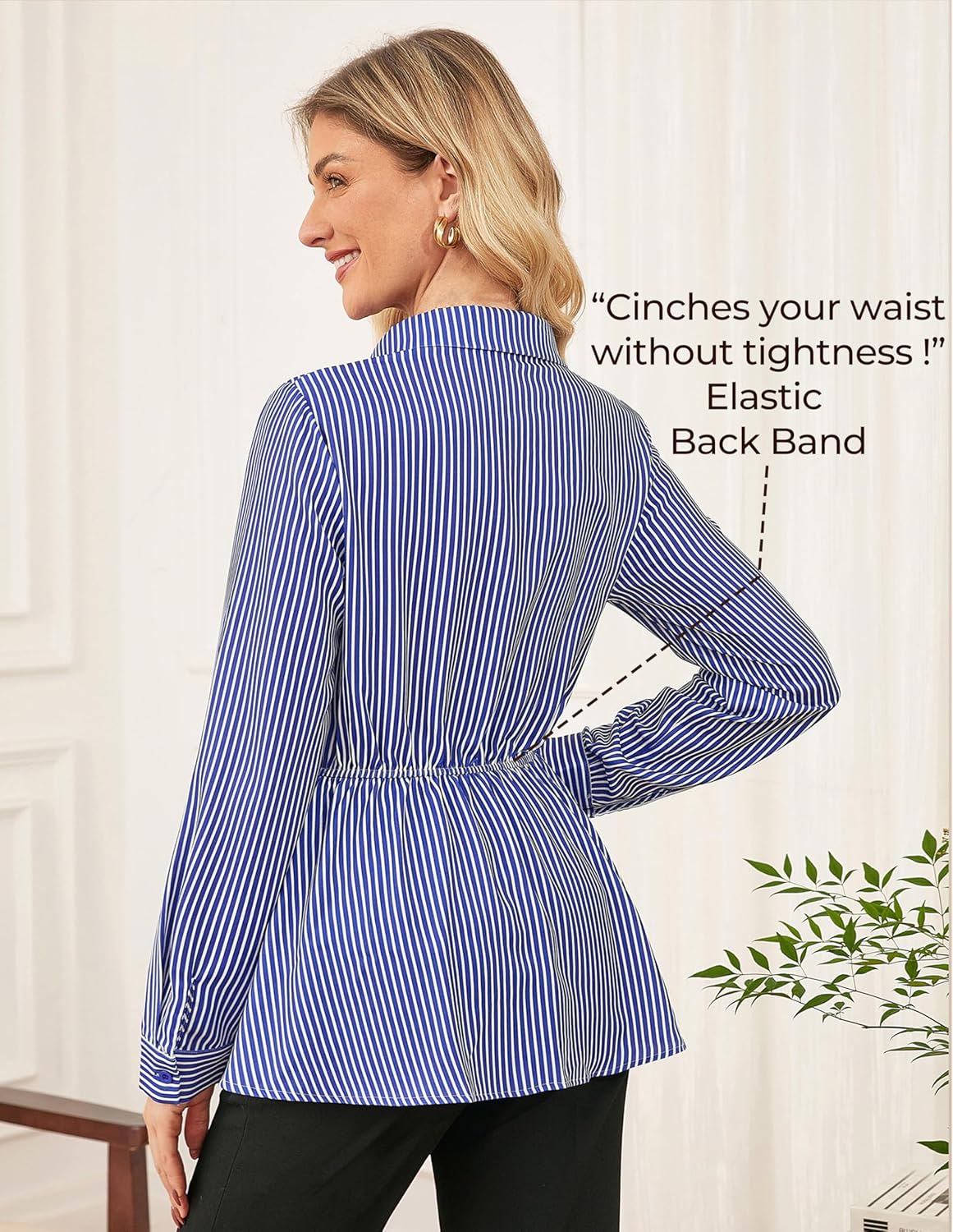 GRACE KARIN Peplum Tops for Women Tie Front Striped Button Down Shirt Collared Long Sleeve Business Casual Work Office Blouse - Image 6