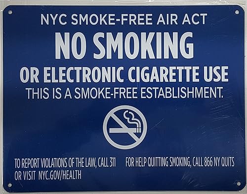 Letrero de la ley libre de humo de la ciudad de Nueva York de Nueva York "No fumar o uso de cigarrillos eléctricos" para el establecimiento (8.5 x